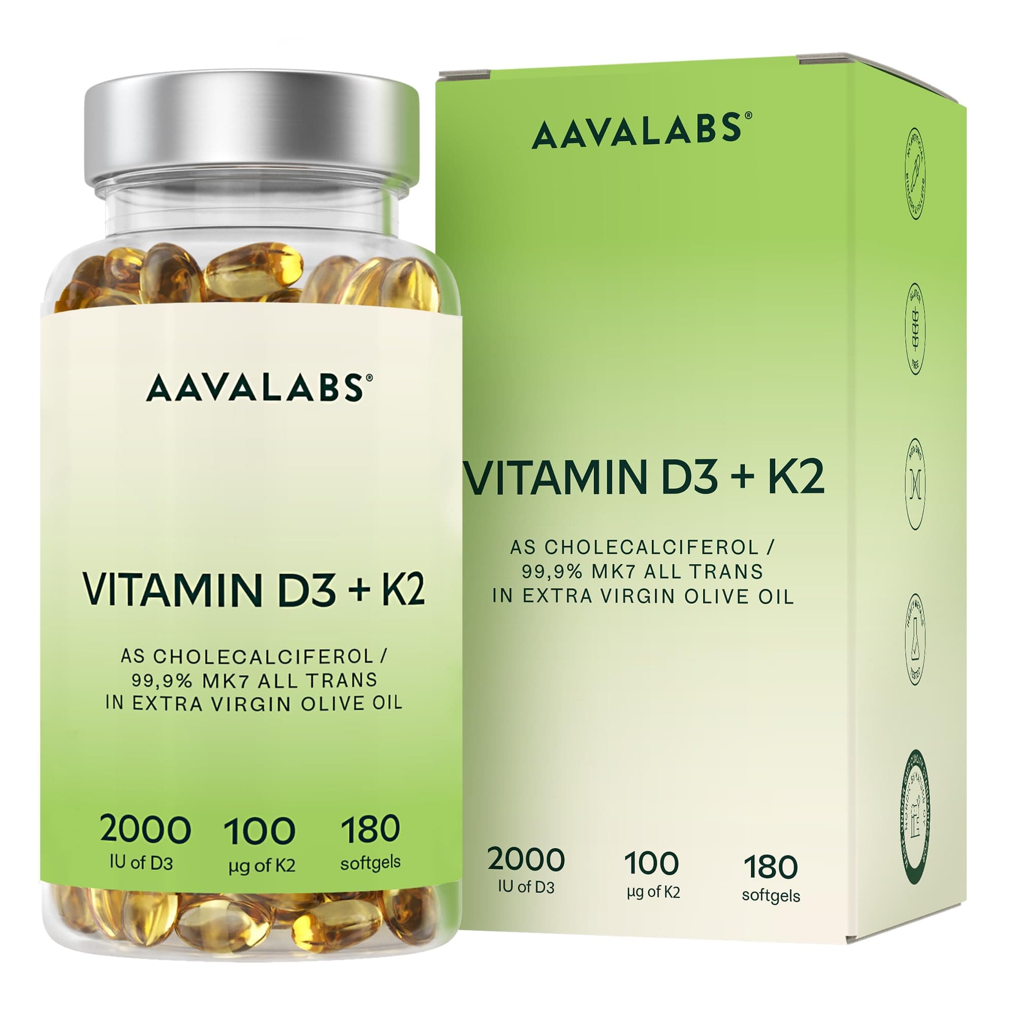 Vitamina D3 K2 Alto Assorbimento Olio Extravergine d'Oliva - Vitamina D3 2000 UI + Vitamina K2 MK7 100 μg - Vitamina D 2000 UI e Vitamina K - 180 Capsule