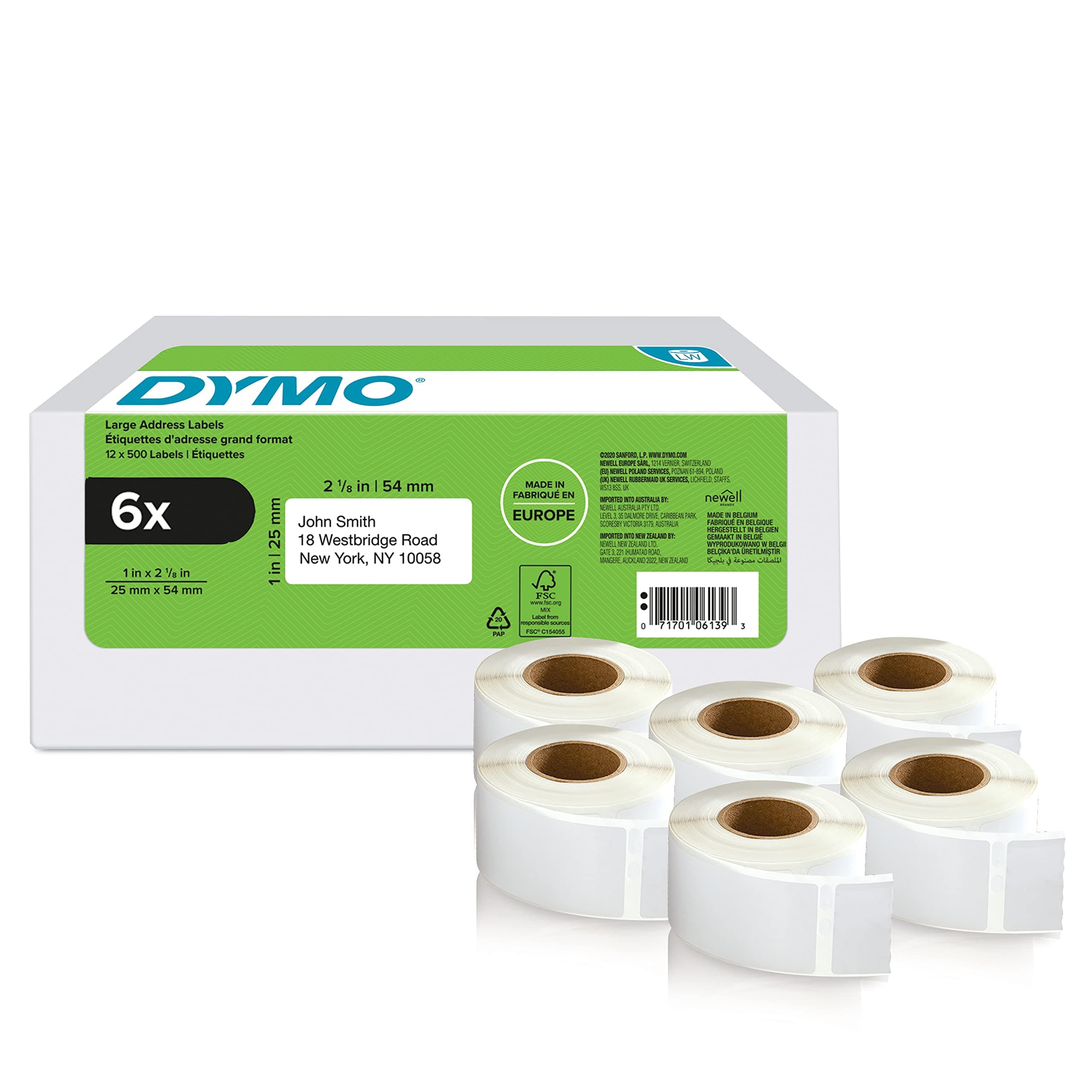 DYMO Original LabelWriter Rücksendeadressetiketten | 25mm x 54mm | 6 Rollen mit je 500 leicht ablösbaren Etiketten (3.000 Stück) | selbstklebend | Beschriftungsgerät für LabelWriter Etikettendrucker