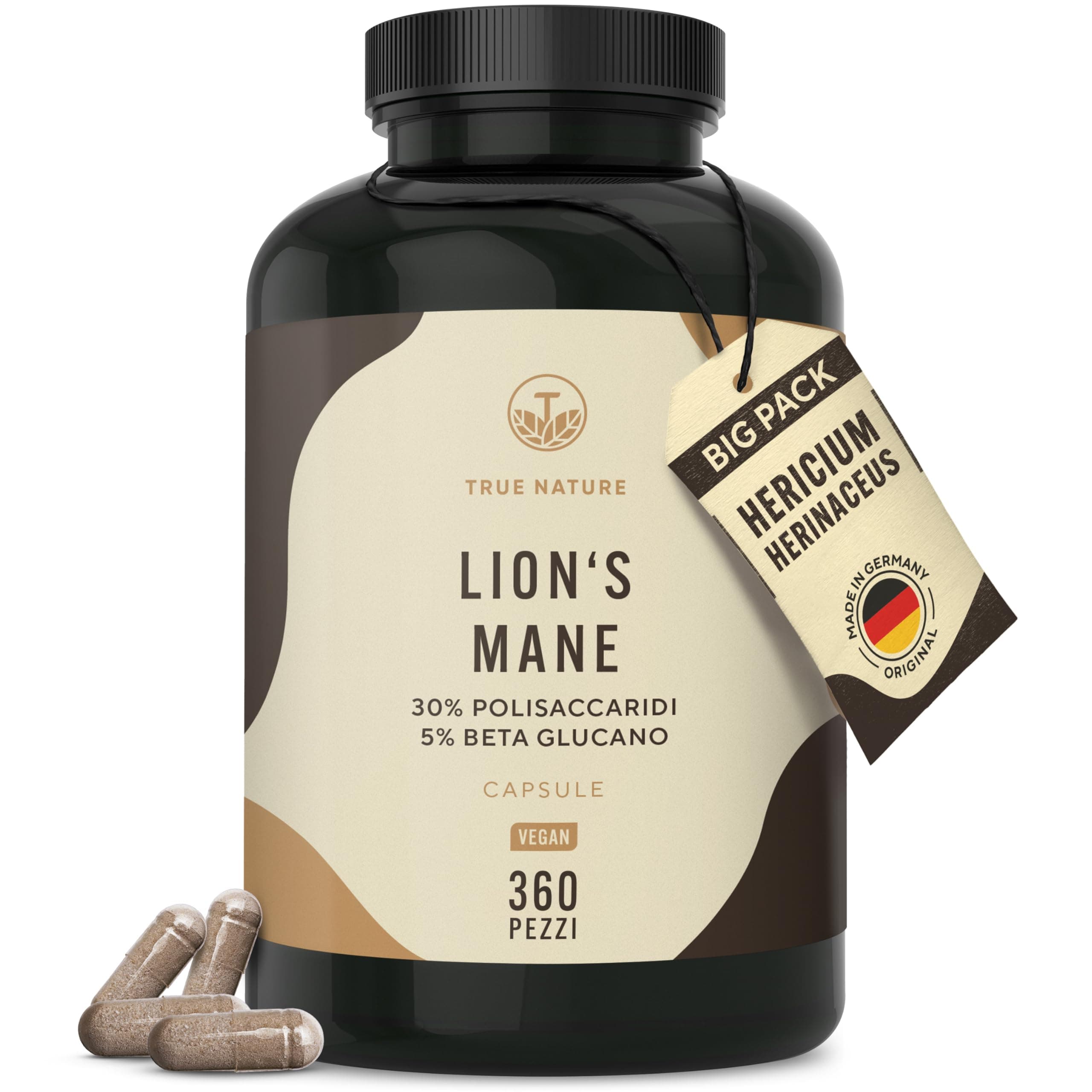 Lions Mane - 360 Capsule - 60000mg (Estratto 30:1) Alto dosaggio - Hericium Erinaceus 30% Polisaccaridi e 5% Beta Glucano - criniera di leone - Testato in Laboratorio - TRUE NATURE®