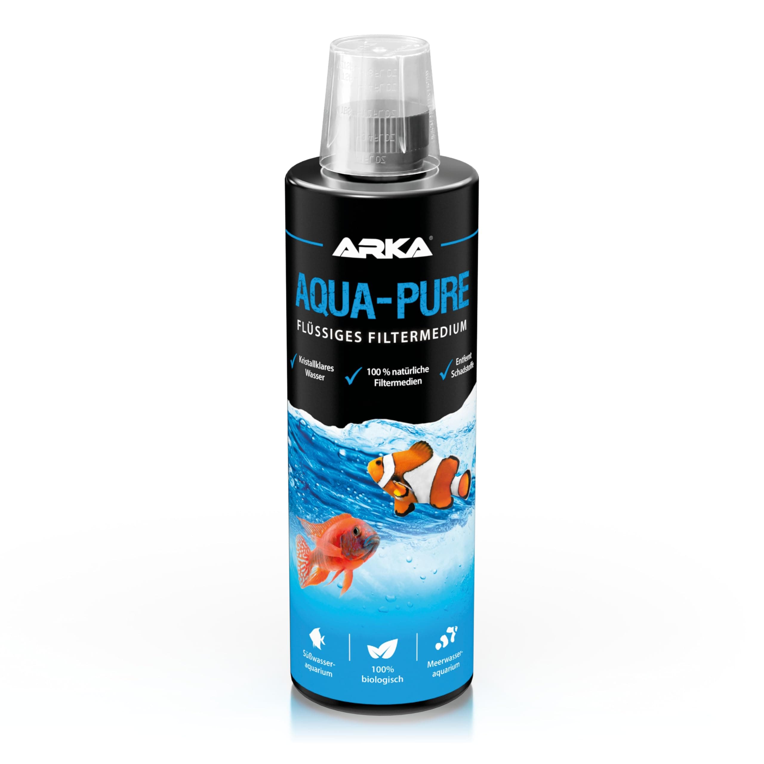 Wasserklärer Aquarium 473 ml – gegen Trübungen, Schwebstoffe & belastetes Wasser – für kristallklares Wasser in Süß- & Meerwasseraquarien – biologisch – ARKA Aqua-Pure
