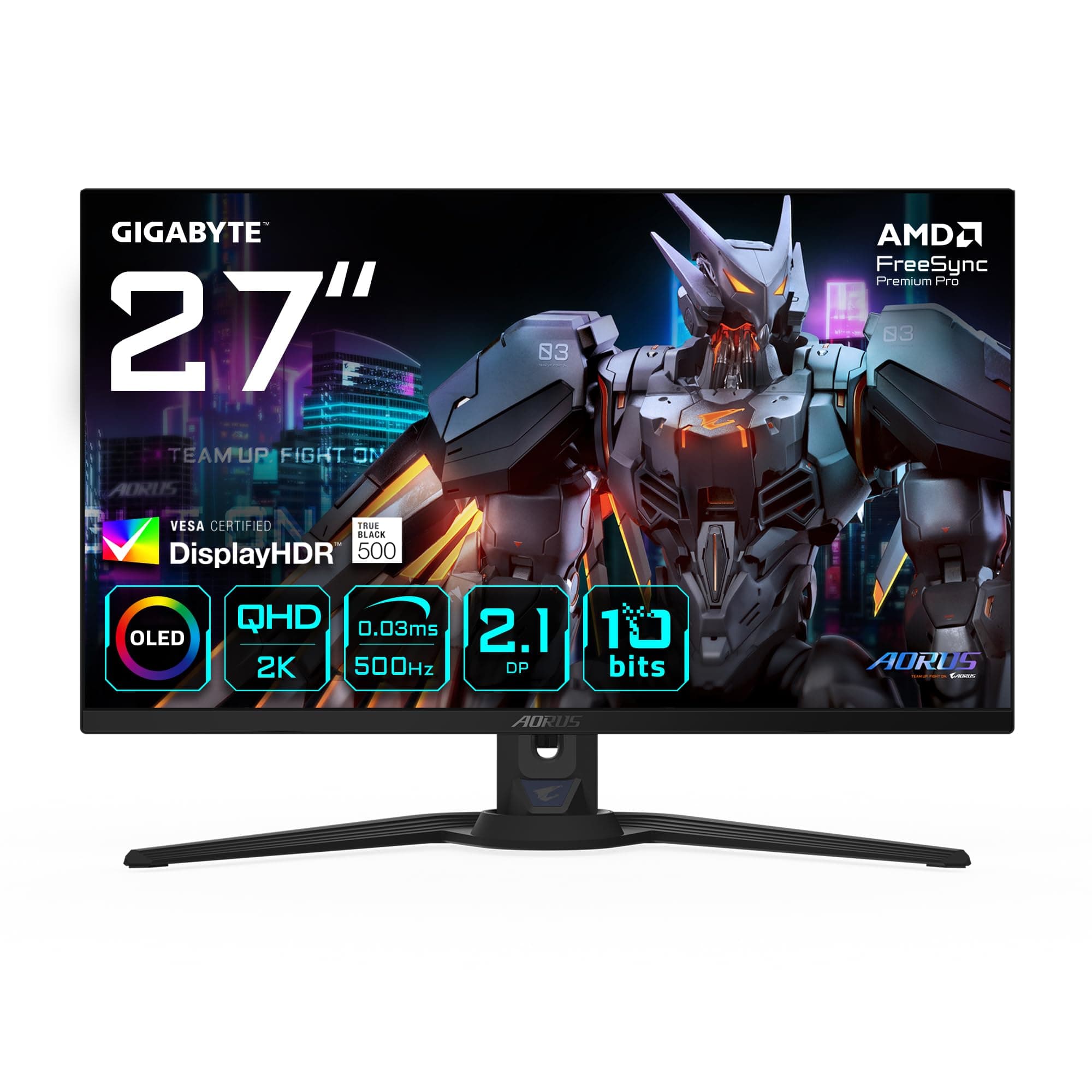 GIGABYTE AORUS FO27Q5P Moniteur de Jeu OLED QHD – 2560 x 1440, 500 Hz, 0,03 ms, KVM, 300 CD/m², FreeSync Premium Pro, DisplayHDR True Black 500, DisplayPort 2.1