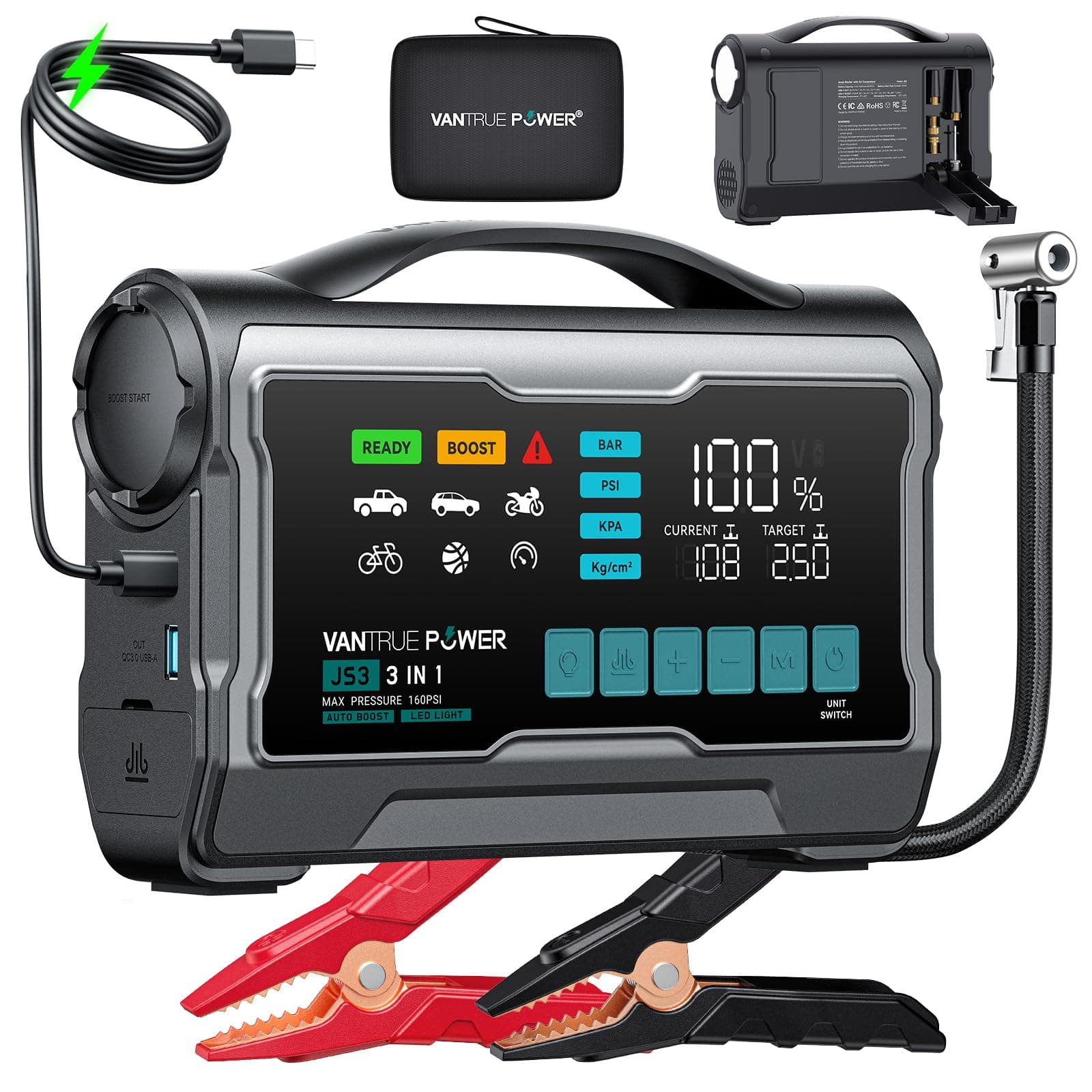 JS3 3250A Arrancador con Compresor Aire 160 PSI, Booster Batería Coche 12V con Pantalla Grande 9", Batería Externa Carga Rápida 65W, Luz LED 400 Lúmenes – para Motores Gasolina 10 L/Diésel 8 L