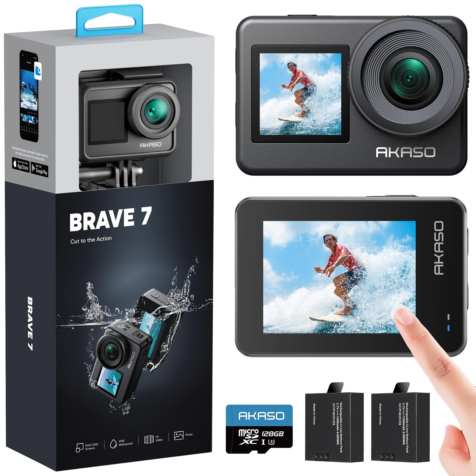 AKASO Brave 7 Cámara Deportiva 4K con Tarjeta de Memoria microSDXC de 128GB Cámara de Acción 20MP WiFi Camara Acuatica Sumergible Doble Pantalla EIS Control Remoto Control de Voz 2x1350mAh Baterías