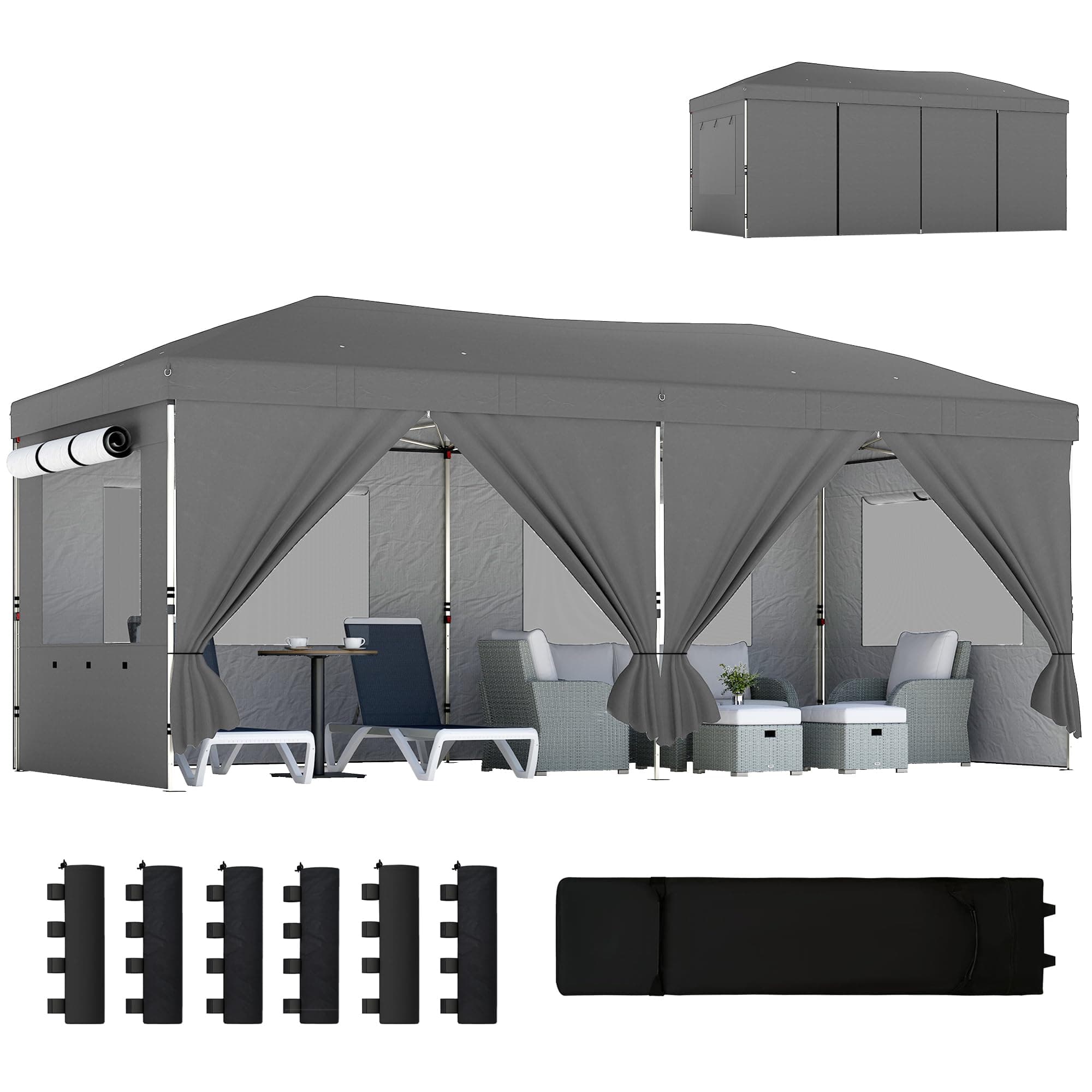 Outsunny Tonnelle de Jardin 3 x 6 m Pop up Tente Pliante réglable en Hauteur Protection UV50+ tonnelle Pliante avec 6 parois latérales 6 Sacs de Sable Sac de Transport à roulettes Montage Facile Gris