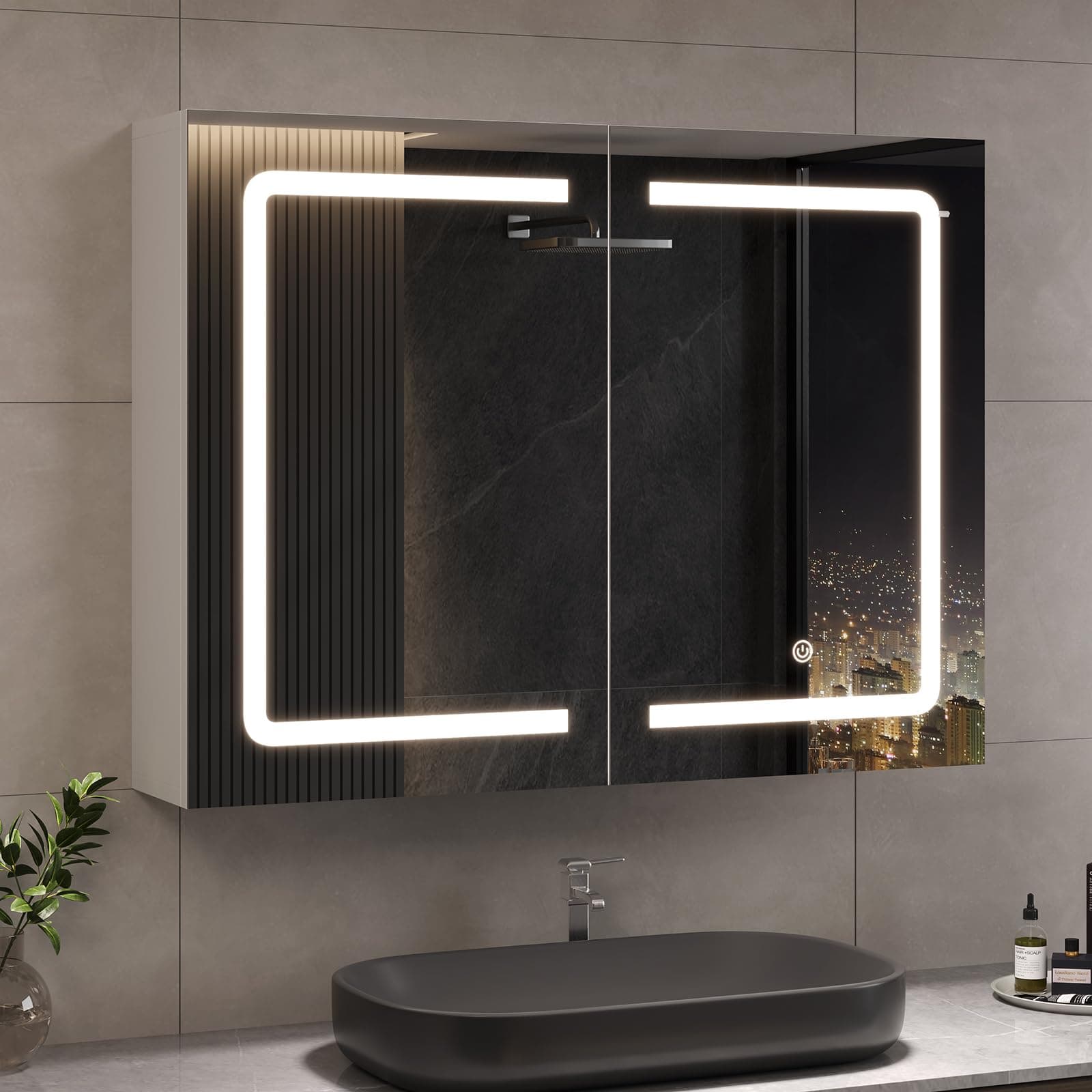 DICTAC Specchio Bagno Contenitore con led Luce e Presa Elettrica 80x16x60cm Mobiletto Specchio bagno Sospeso con Luce e 2 Ante Armadietto Bagno con specchio e Mensola Regolabile,Bianco