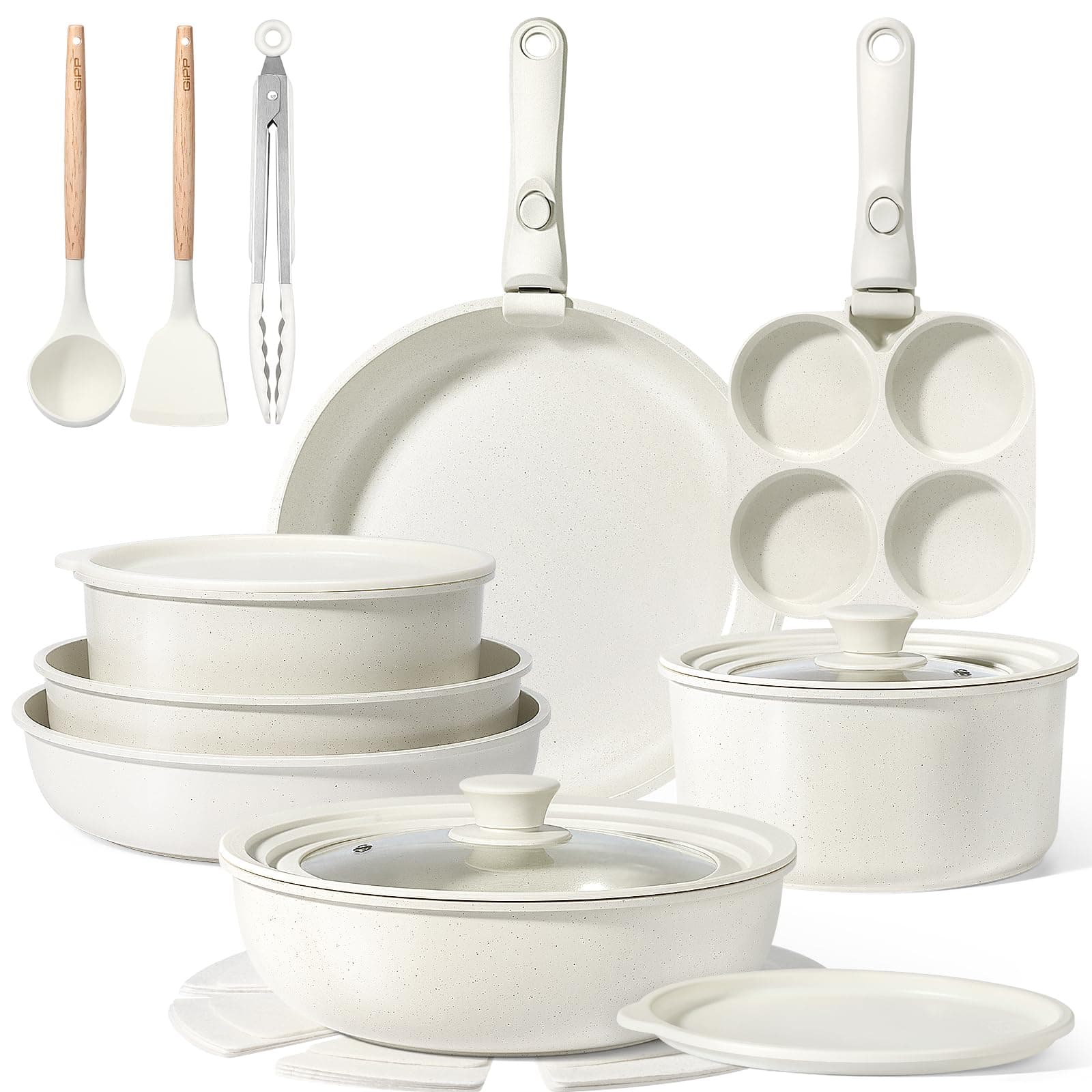 GiPP Batteries de Cuisine avec Poignée Amovible 21PCS, Sets de Poêles et Casseroles avec Revêtement Antiadhésif en Granit, Adapté au Camping, Résistantes au Four, Compatible Tous Feux, Blanc