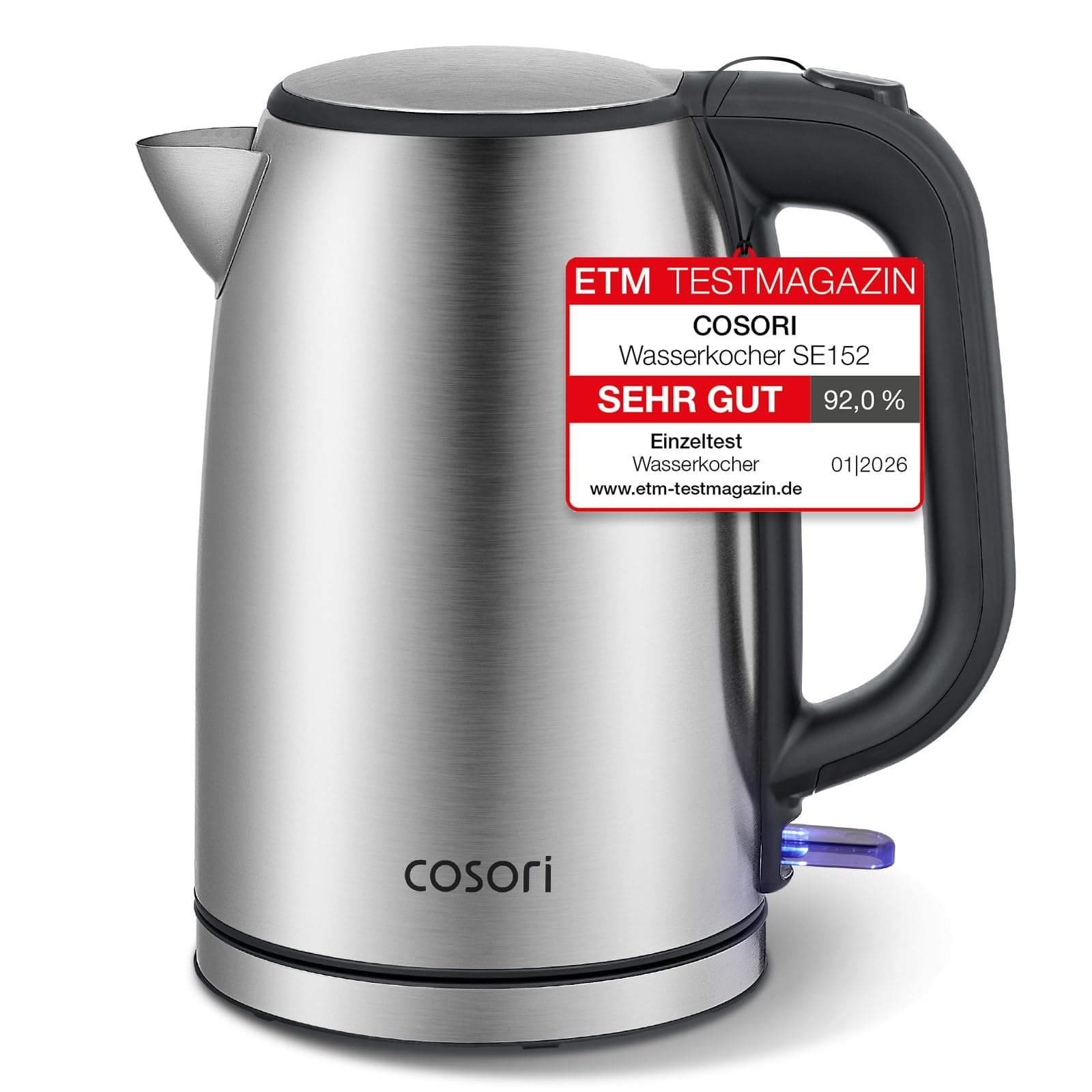 COSORI Wasserkocher Edelstahl, BPA frei, 1,7 L, Strix-Technologie, kocht in 3 Minuten, 2200W, Große Öffnung, Trockengehschutz, 360° drehbarer Sockel, Silber-schwarz