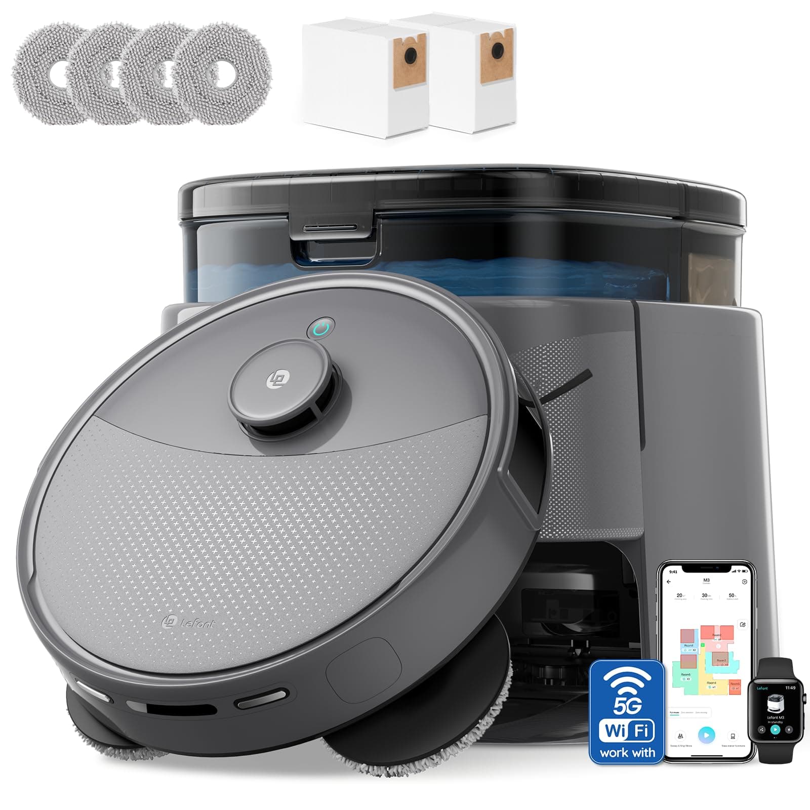 Lefant M3Max Robot Aspirapolvere Lavapavimenti con Mappatura, 20.000Pa, Laser dToF, Evitamento PSD, 3.2L Stazione All-in-One Autosvuotante, Lavaggio Mop a 45°C e Asciugatura, WiFi 2.4G/5G, Alexa/APP