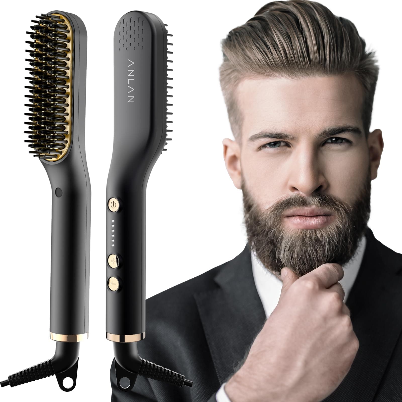ANLAN Cepillo Alisador de Barba con 5 Niveles de Temperatura, Plancha de Pelo Flequillo Eléctrico Profesional Peine de Peluquería Multifuncional para Hombre Mujer