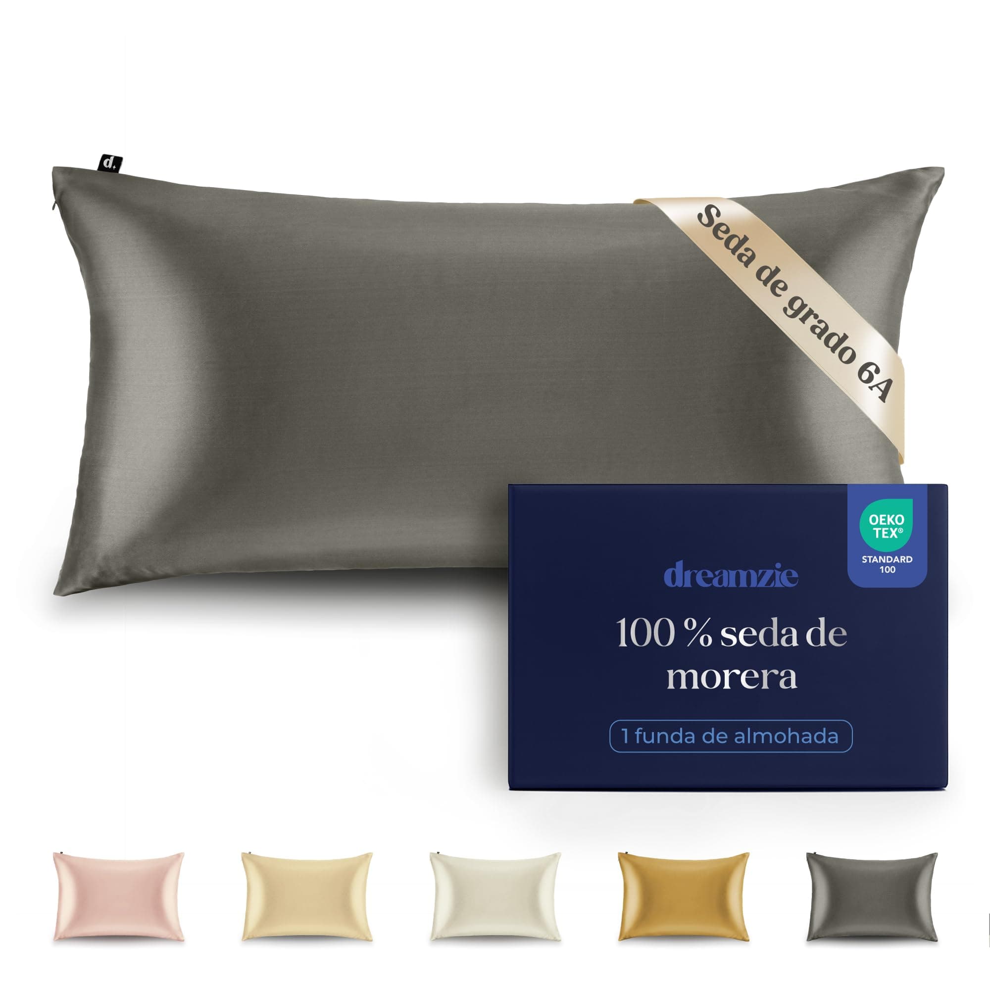Dreamzie Funda de Almohada de 100% Seda 40 x 80 cm - 22 Momme Seda de Morera, Grado 6A, Certificado Oeko-Tex - Lujo para el Cabello y la Piel, 1 Unidad (Gris Oscuro)