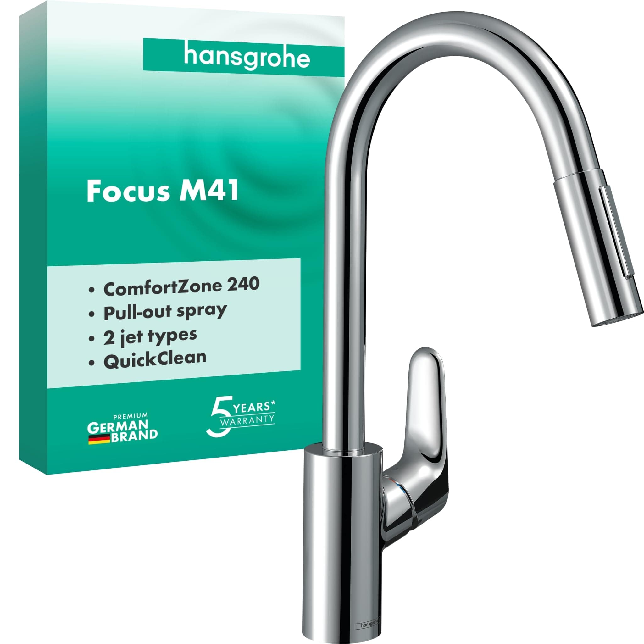 hansgrohe Focus M41 - Mitigeur de cuisine avec douchette extractible, 2 jets, Robinet avec hauteur sous bec 240 mm, Robinetterie avec bec pivotant et extensible, Chromé, 31815000