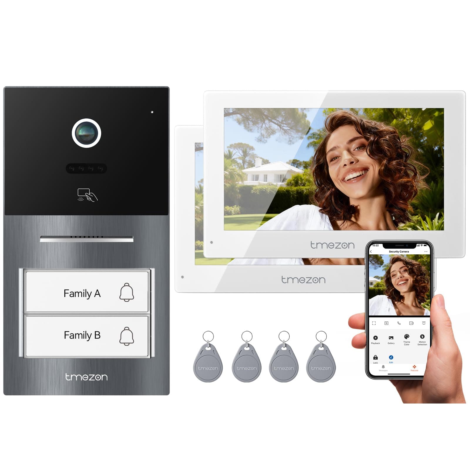 TMEZON Visiophone connecté Filaire 2 Fils Y70,Interphone Vidéo WiFi avec IP Moniteur écran Tactile,Sonnette de Caméra Vision Nocturne,APP Unlock à Distance,Badges,Detection Humaine,2 Familles