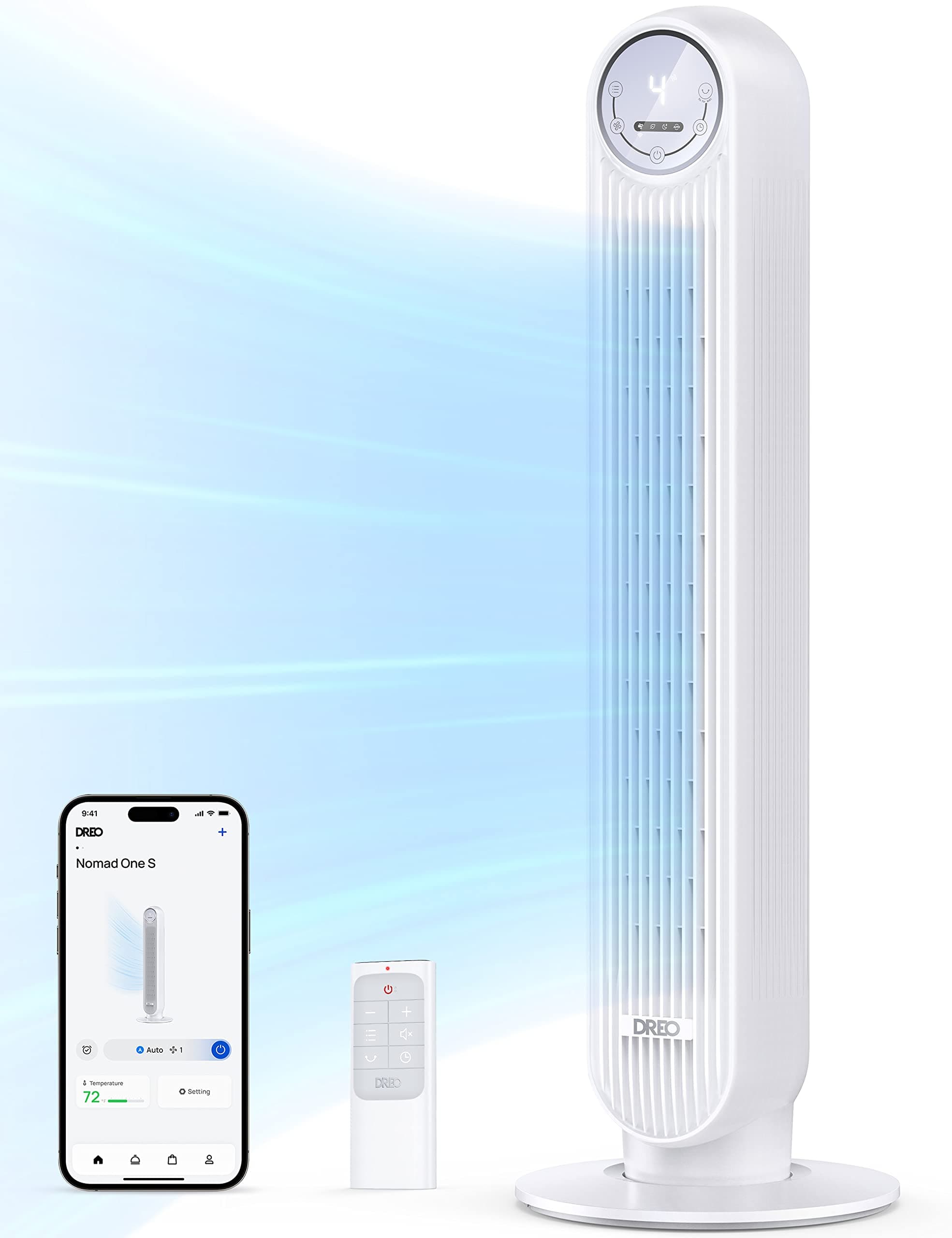 DREO Ventilatore a Torre Smart Silenzioso, Potente 7.6 m/s, Ventilatori a Colonna con Telecomando, 4 Modalità, 4 Velocità, Oscillazione a 90°, Timer da 1 a 8 ore, Schermo LED, Compatibile con Alexa