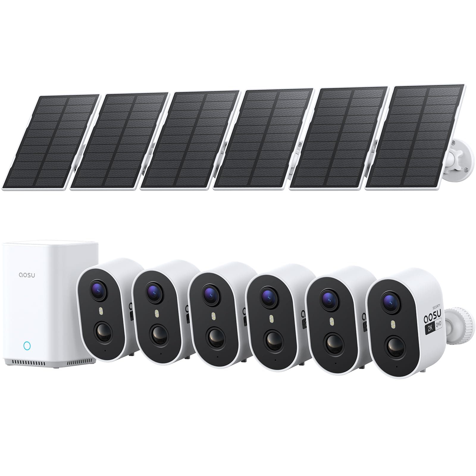 aosu 2K Caméra Surveillance WiFi Extérieure sans Fil Solaire, 6 Caméras Kit & aosuBase 2.0, sans Abonnement, Local Extensible Jusqu’à 1 to, Vision Nocturne TrueColor AI PIR Détection 5G/2.4GHz Wi-FI