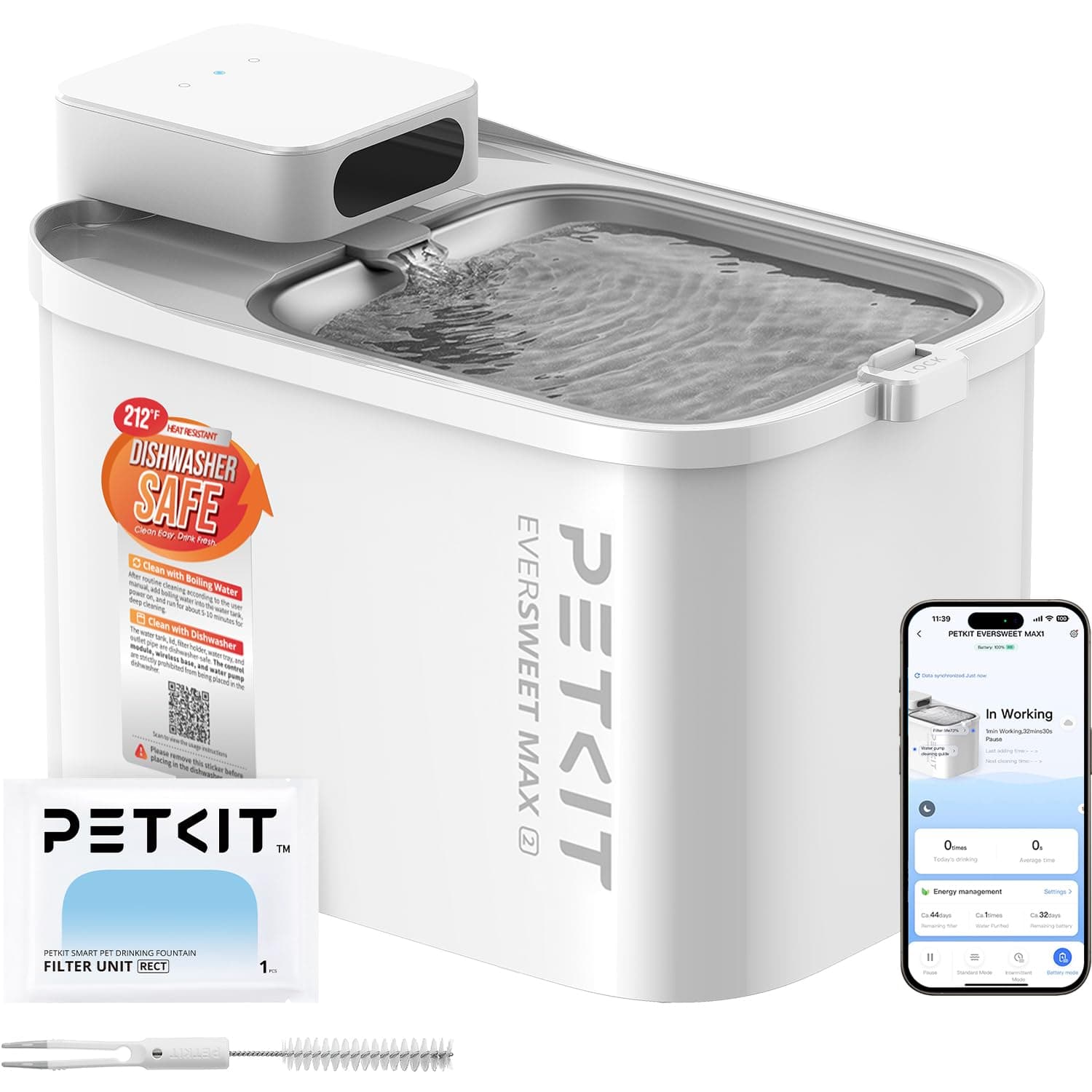PETKIT EVERSWEET MAX 2 Fuente para Gatos sin Cable, Resistente al Calor, con Sensor de Movimiento, 5000mAh Batería Recargable, Control de App, 3L Bebedero Gatos Automático, Acero Inoxidable