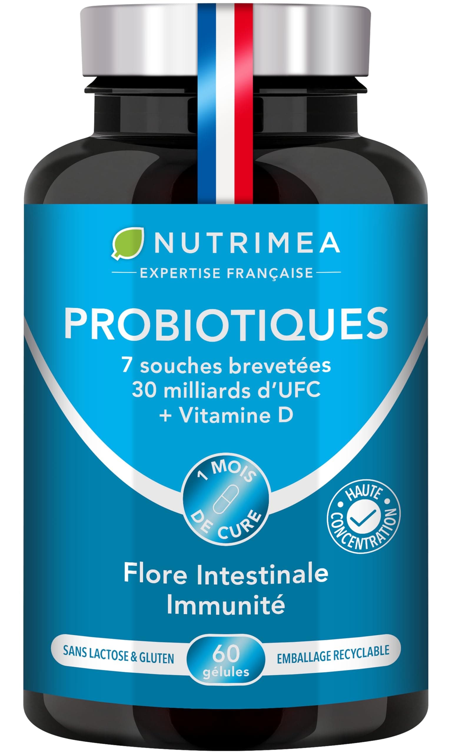 PROBIOTIQUE FLORE INTESTINALE - Complexe Ferments Lactiques avec Vitamine D - 7 Souches Brevetées - Jusqu'à 60 Milliards d'UFC/jour - 60 Gélules Vegan - Nutrimea - Fabriqué en France