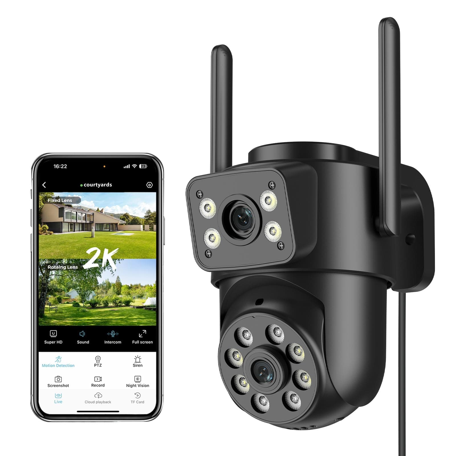 Reobiux 2K Camera Surveillance WiFi Exterieure avec Double Objectif, 2.4/5GHz Caméra Extérieur avec Vision Nocturne Couleur, Détection de Mouvement, Audio Bidirectionnel, Stockage SD/Cloud, IP66