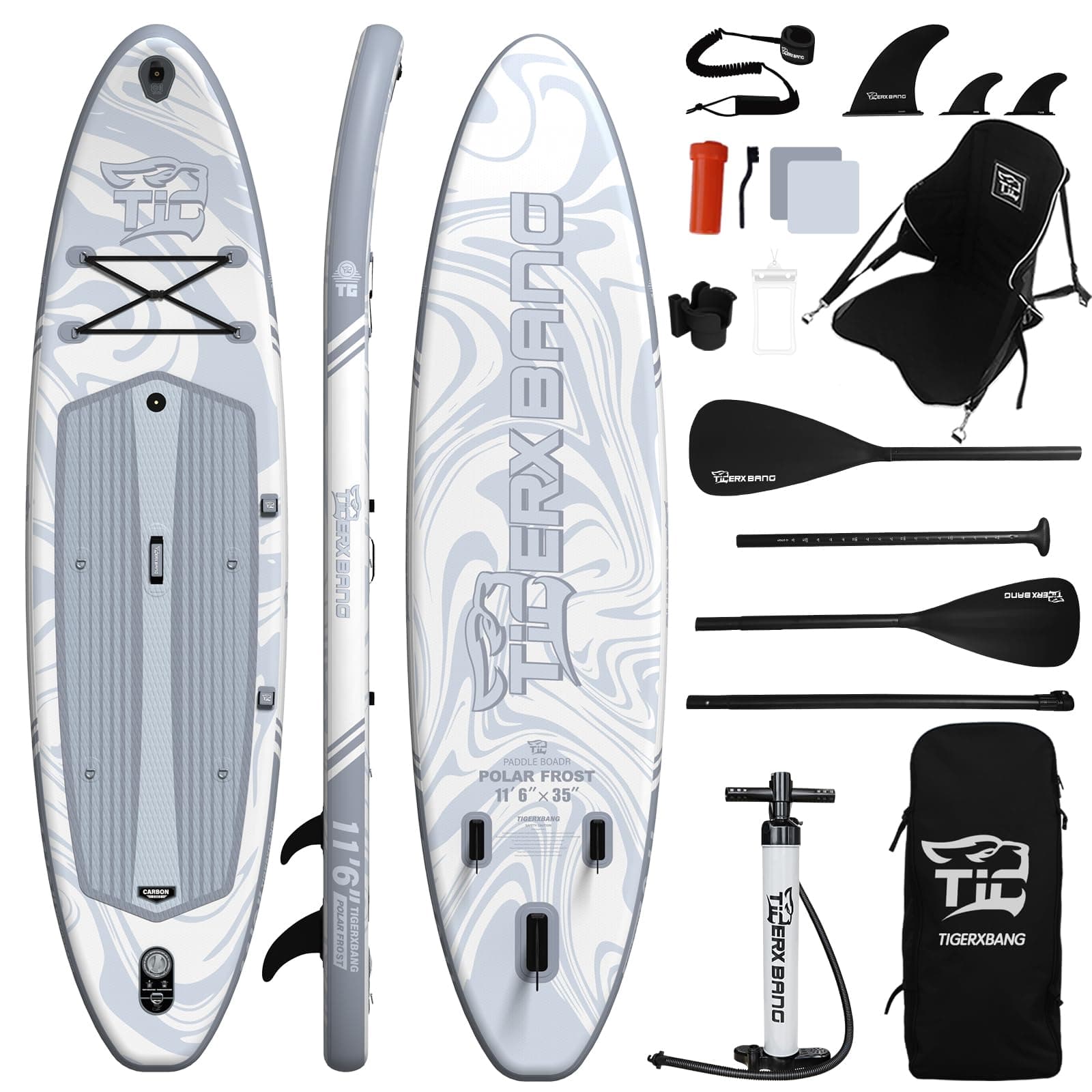 TIGERXBANG Tavola SUP Gonfiabile - Tavola da Stand Up Paddle Board Gonfiabile con Sedile per Adulti 200kg, Con supporto per cam, Portabicchieri, Doppia Pagaia, Zaino & Accessori Completi