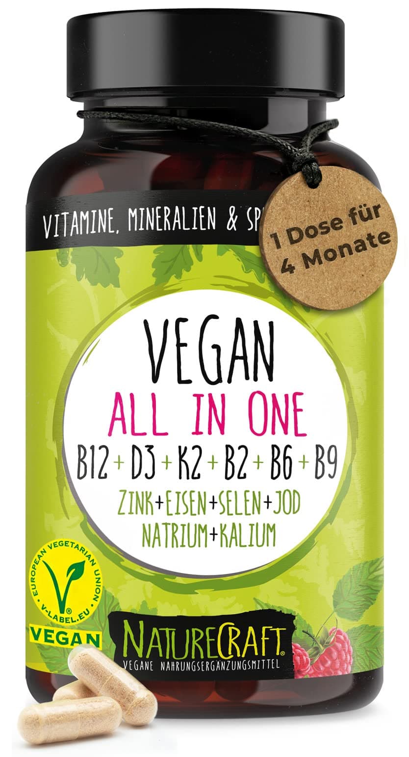 Vegan All-in-One - Vitamin B12+D3+K2+B2+B6+B9 Folsäure + Zink + Eisen + Selen + Natrium + Kalium + Jod - Komplex mit 120 Kapseln (4 Monats-Vorrat)