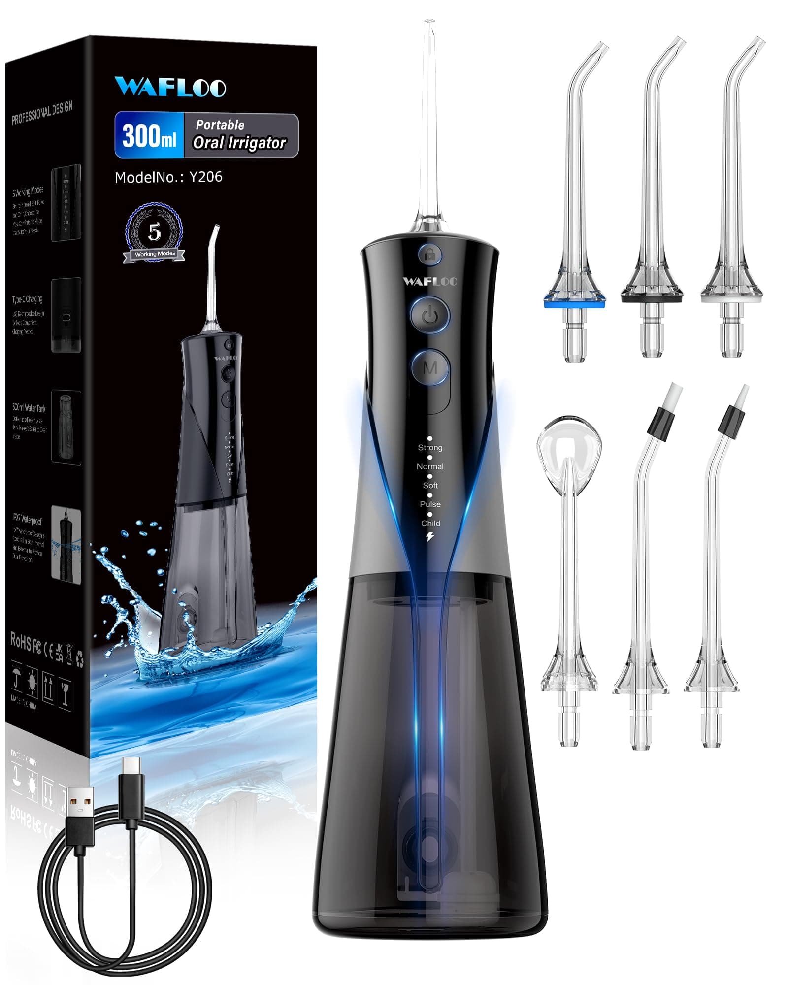 WAFLOO Irrigador Dental Portatil, 5 Modos de Limpieza con 6 Boquillas, Tanque de Agua de 300ml, IPX7 Impermeable, Ideal para Limpieza Dental en Casa y de Viaje（Negro）