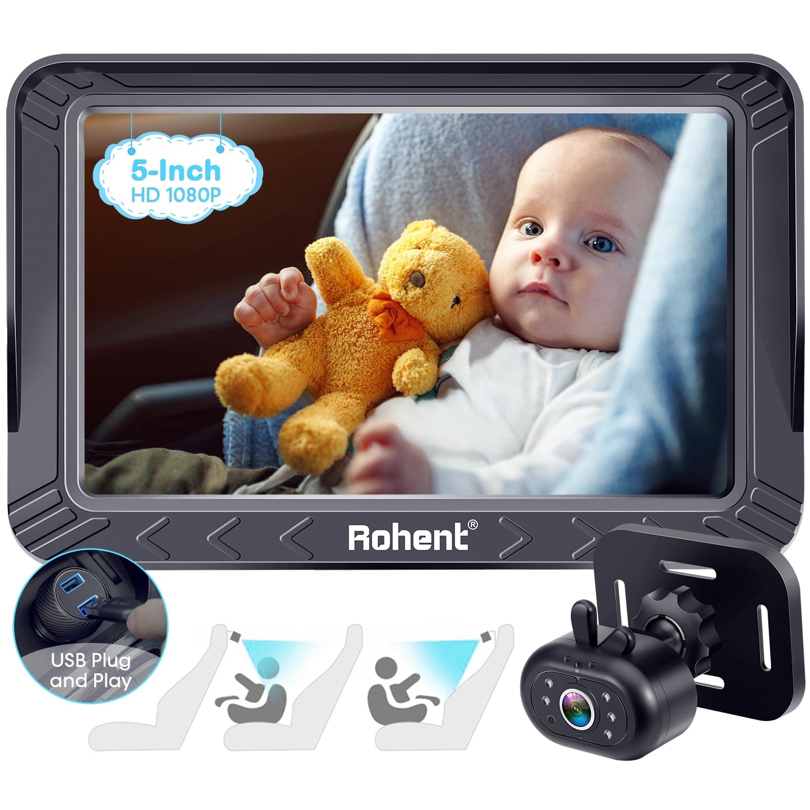 Rohent Caméra de Voiture pour bébé - 5-inch HD 1080P, Vision Nocturne, Facile à Installer, USB Powered Baby pour Les sièges orientés vers l'arrière et vers l'avant