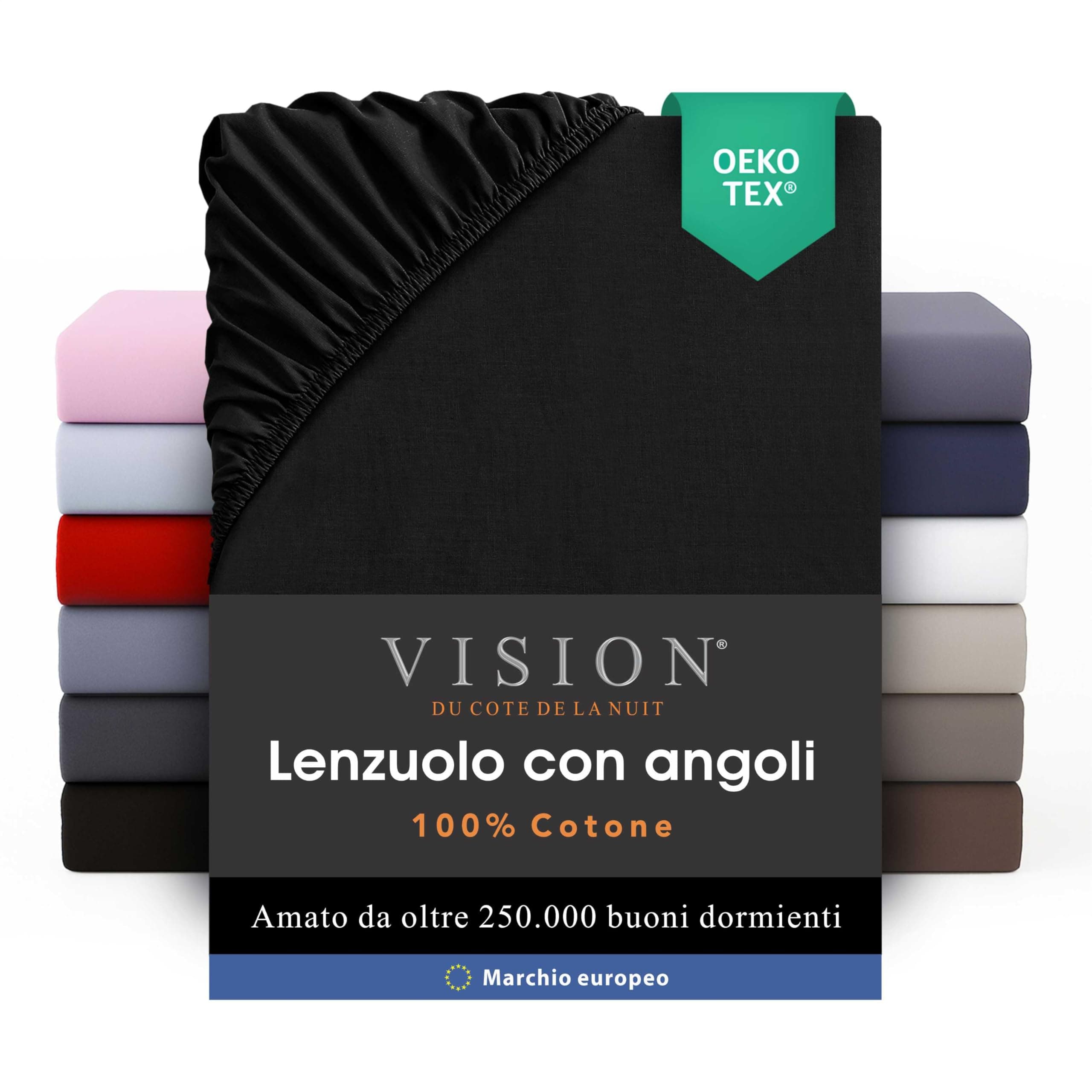 VISION Lenzuolo con angoli - 100% cotone - Letto matrimoniale (200 x 200 cm) - Angoli elasticizzati - Adatto a materassi fino a 30 cm - Certificato Oeko-Tex - Lavabile in lavatrice - Colore: nero