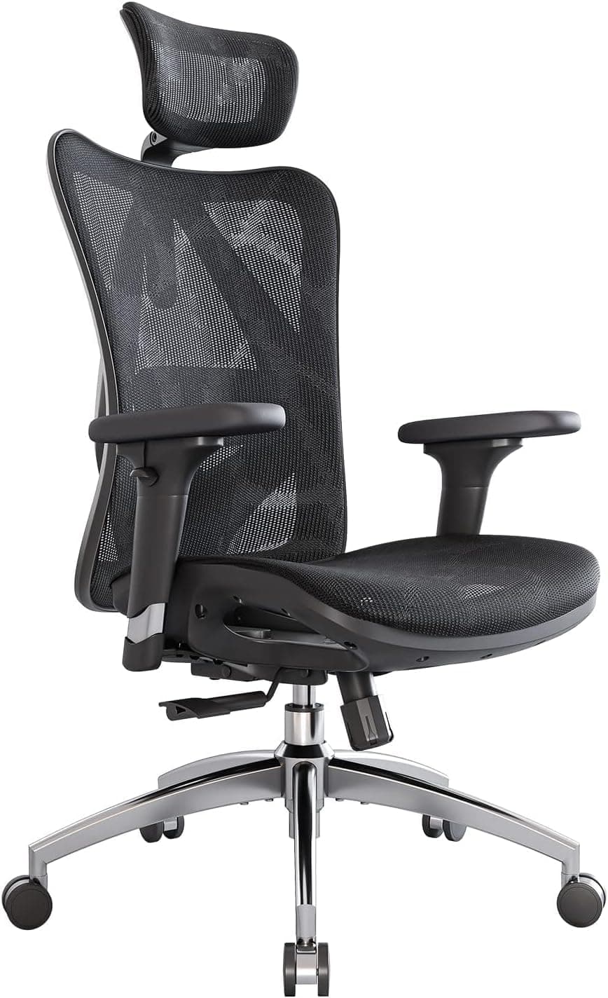 SIHOO Silla de Oficina ergonómica, Respaldo Alto, Asiento Trasero de Malla, Transpirable, reposabrazos 3D Ajustable y Soporte Lumbar, Base de Metal (Negro)
