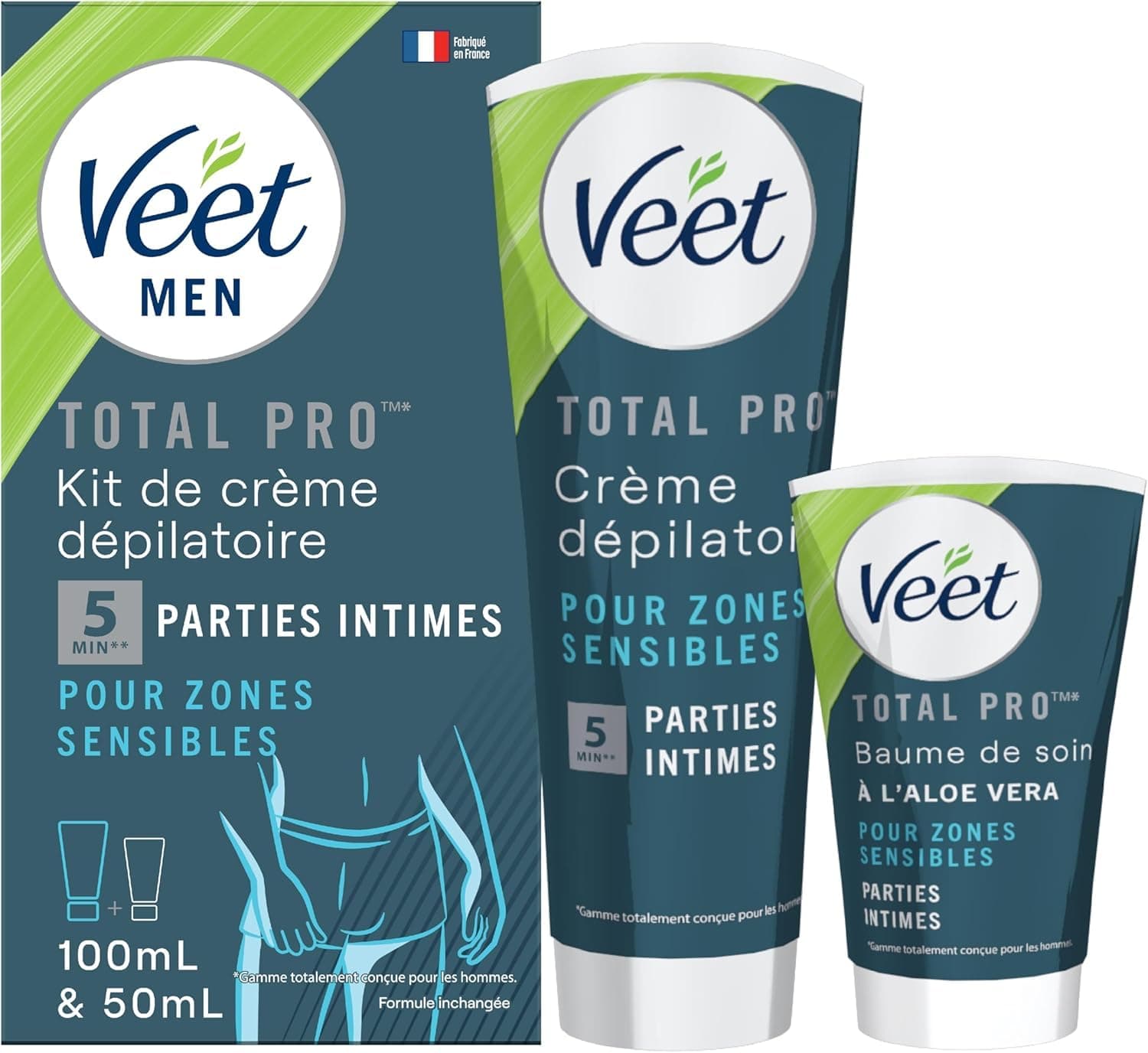 Veet Men - Kit d’Épilation Parties Intimes - Crème Dépilatoire 100ml et Baume de Soin 50ml - Zones Sensibles