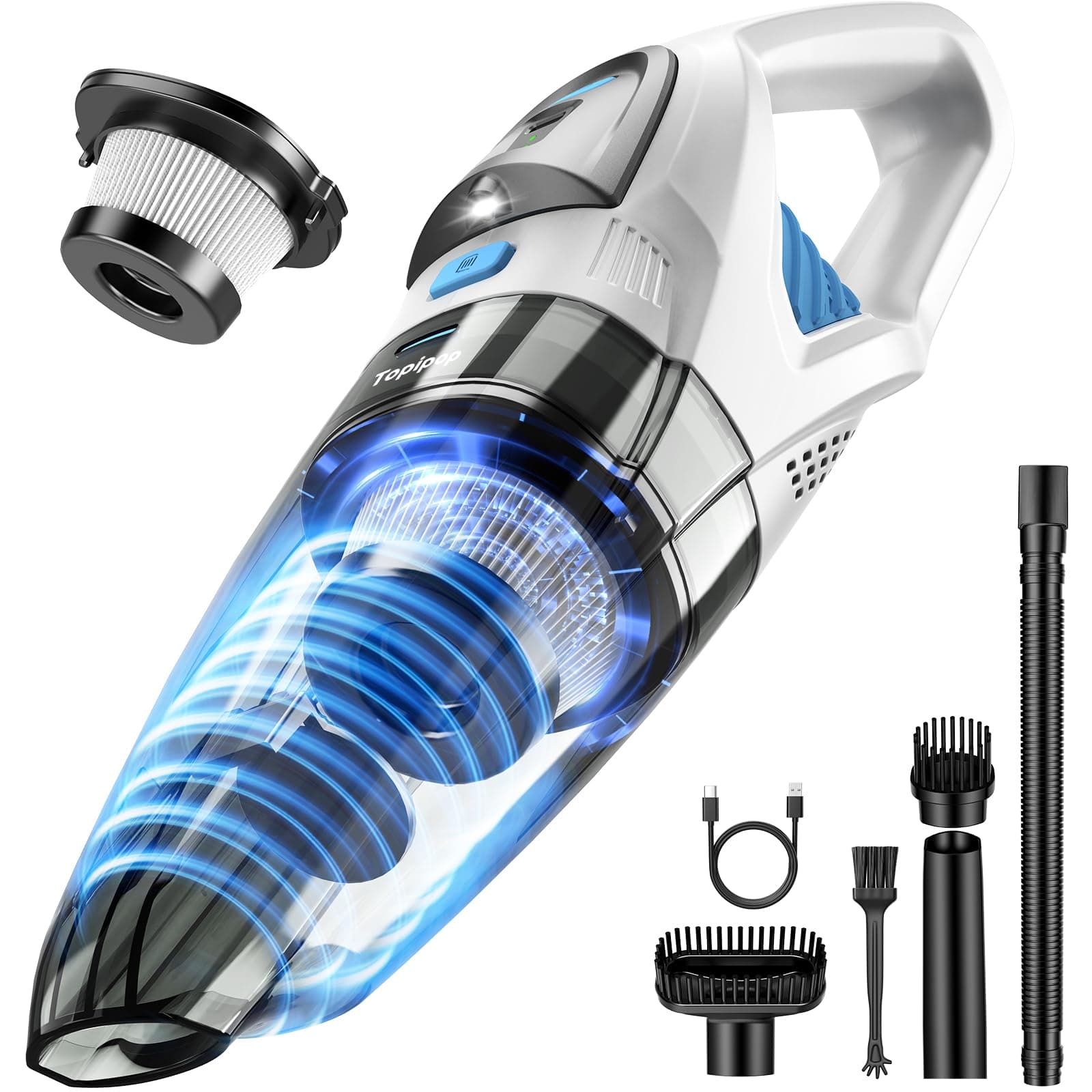 Topipop Aspirabriciole Senza Fili,Aspirapolvere Auto con Potenza di Aspirazione Elevata di 25KPa,Handheld Vacuum Cleaner Portatile con Filtro HEPA per Leggero per Peli di Animali,Tappeti,Casa (Nero)