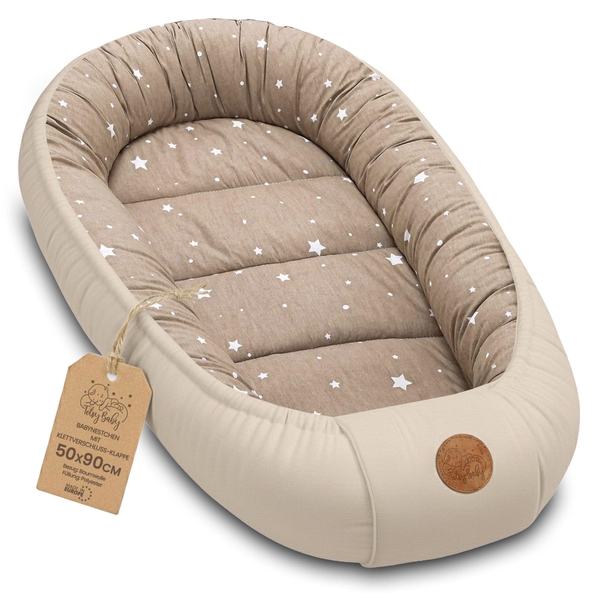 Réducteur de Lit Bébé 90x50cm en Coton, Cocon polyvalent pour Nid d'Ange Couffin et Naissance pratique et léger idéal pour le transport parfait pour filles et garçons Beige avec étoiles blanches