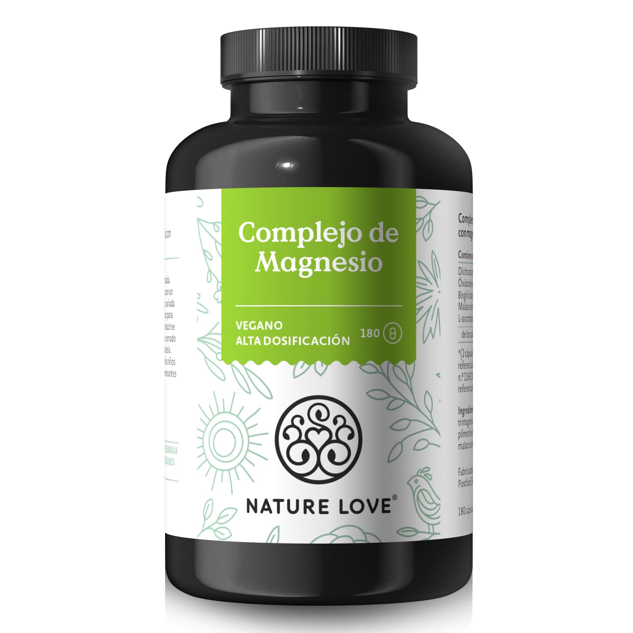 NATURE LOVE® Complejo de magnesio - 180 cápsulas - 400 mg de magnesio elemental por dosis diaria - Magnesiumbisglycinat, Magnesiummalat, Magnesiumscorbat - vegano, de dosificación alta
