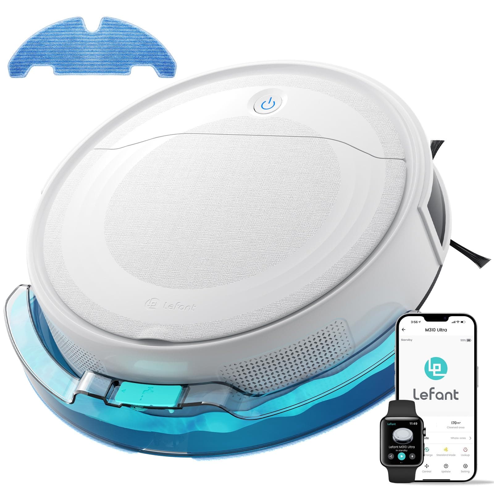 Lefant M310 Ultra 3 en 1 Robot Aspirador y Fregasuelos con Succión de 6000Pa, 170 min, Mapeo Láser ToF, Evasión de Obstáculos PSD de 190°, Reconocimiento de Alfombras, WiFi/App/Alexa, Blanco