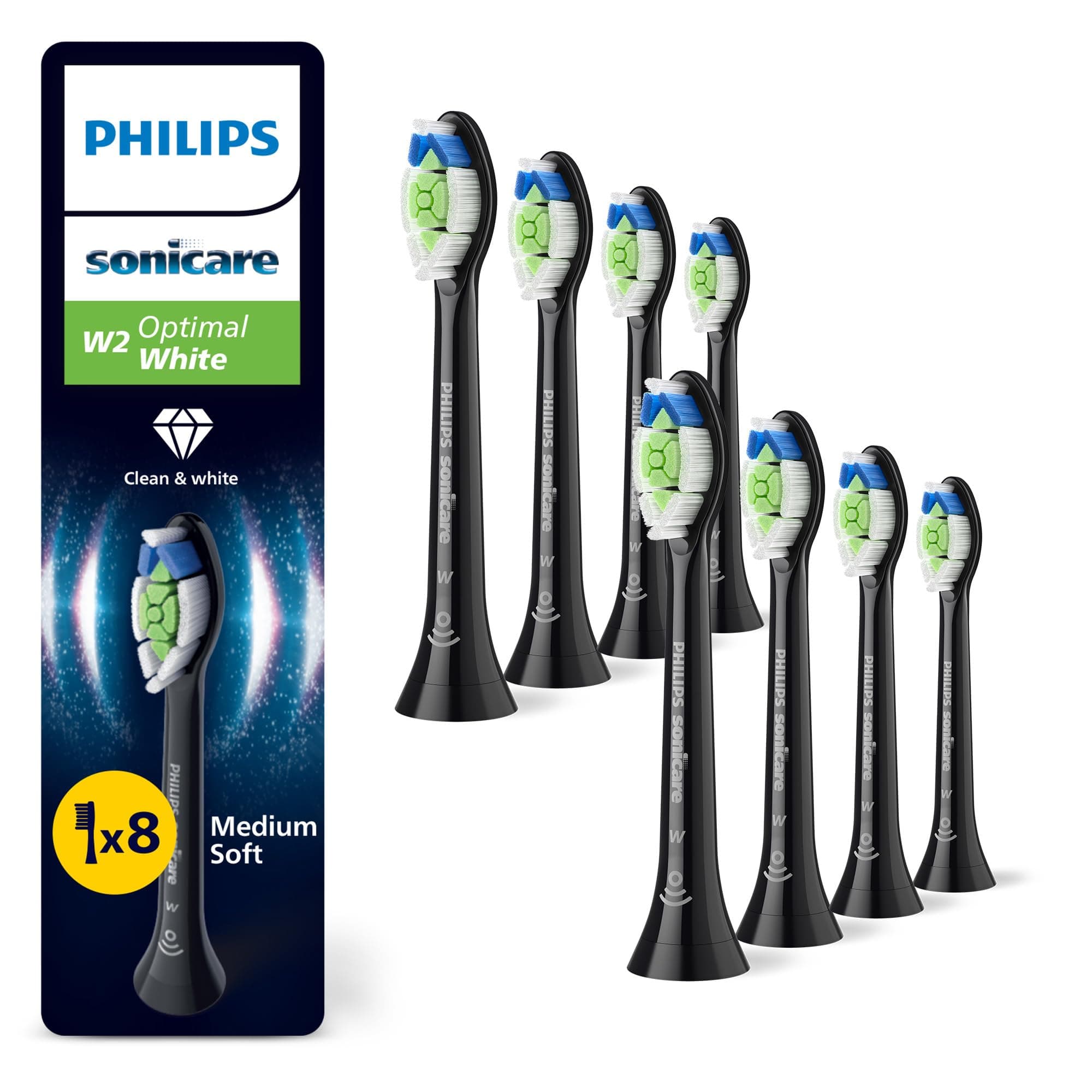 Philips Sonicare W2 Optimal White - Têtes de brosse à dents de rechange d'origine, noir, lot de 8, HX6068/88