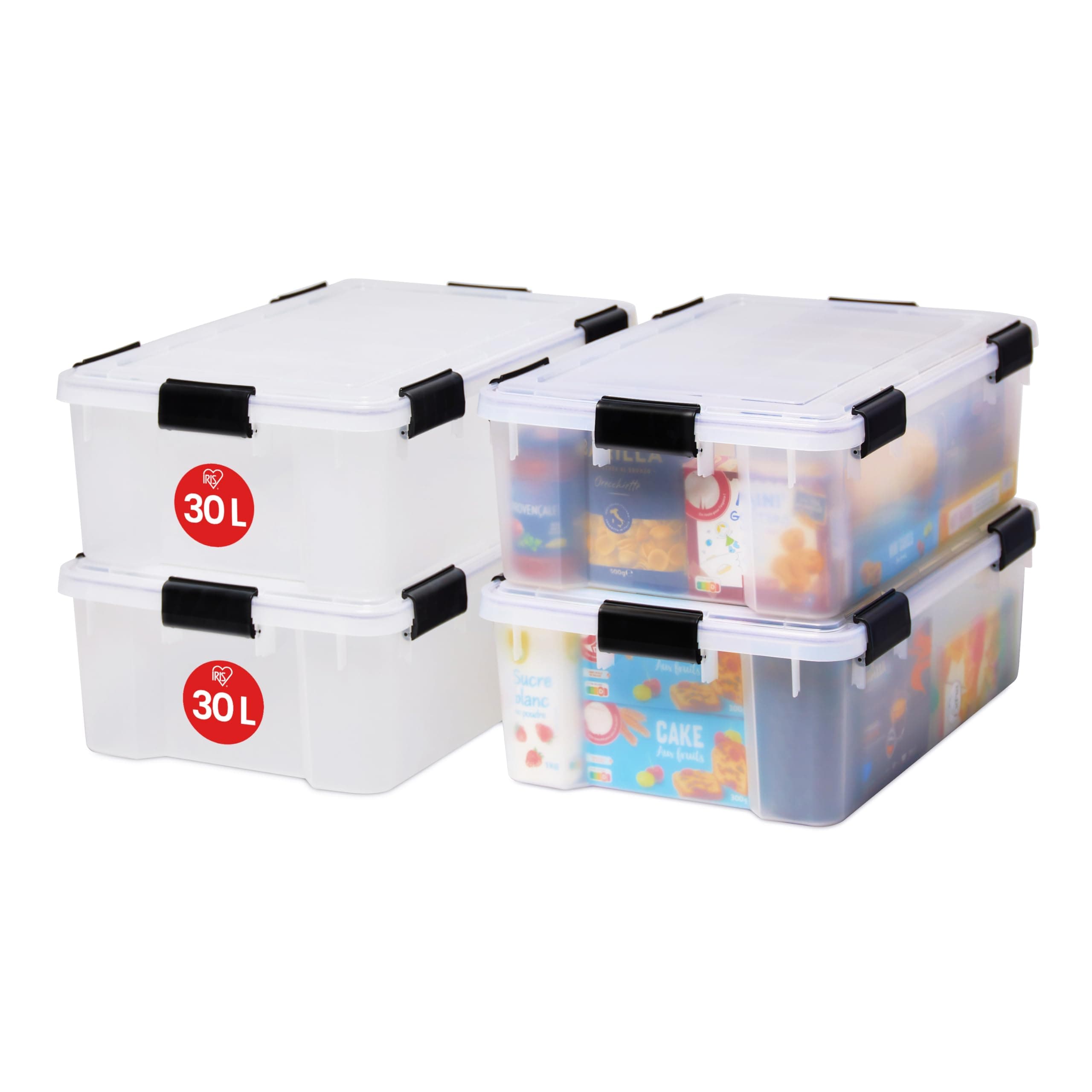 Iris Ohyama, Boite Rangement Hermétique, 30L, Lot de 4, Transparent, Couvercle avec Joint Etanche, 6 Clips de Fermeture, Empilable, pour Exterieur, Garage, Vetement, Anti Poussiere, Sans BPA, AT-LS