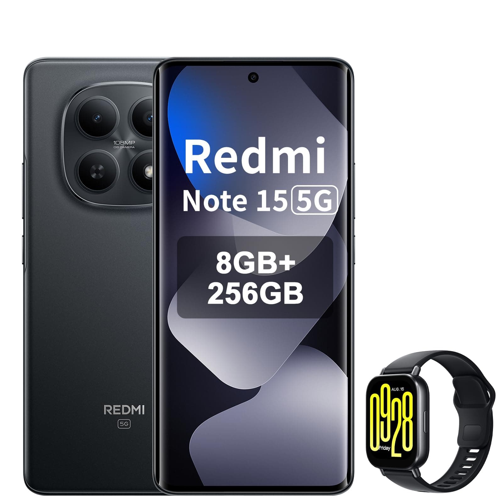 XIAOMI REDMI Note 15 5G Smartphone 8+256GB, Schermo AMOLED FHD+ 6,77", Snapdragon 6 Gen 3, fotocamera da 108 MP, batteria da 5520 mAh, nero, incluso Smart Watch