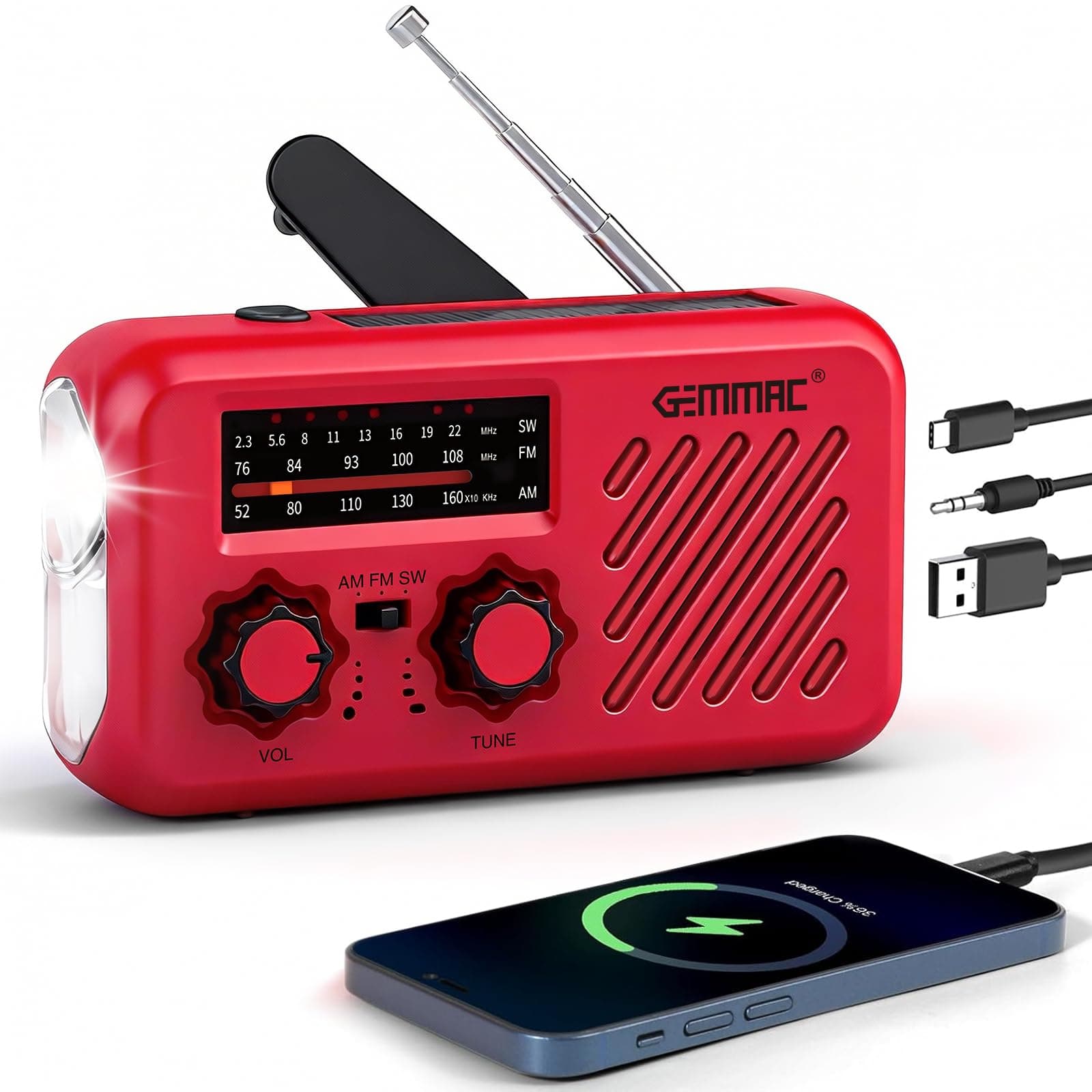 Radio Solar de Emergencia con Manivela, Gemmac FM/Am/SW Radio de Emergencia Portátil con Linterna Lectura y 2000mAh USB Powerbank y SOS Alarma USB para Camping al Aire Libre y Kit Supervivencia