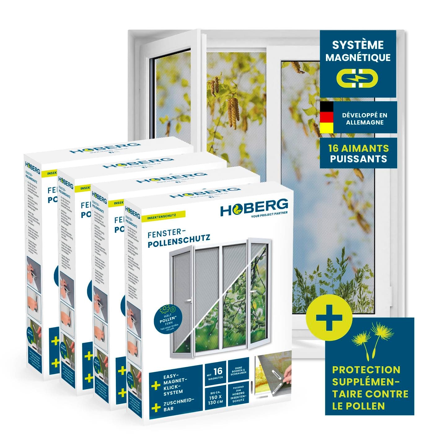 Hoberg Protection Anti-Pollen pour fenêtres avec Fixation magnétique innovante | Jusqu'à 150 x 130 cm découpable Individuellement, Pas de perçage ni de vissage | Fixation avec 16 aimants [4 Pièces]