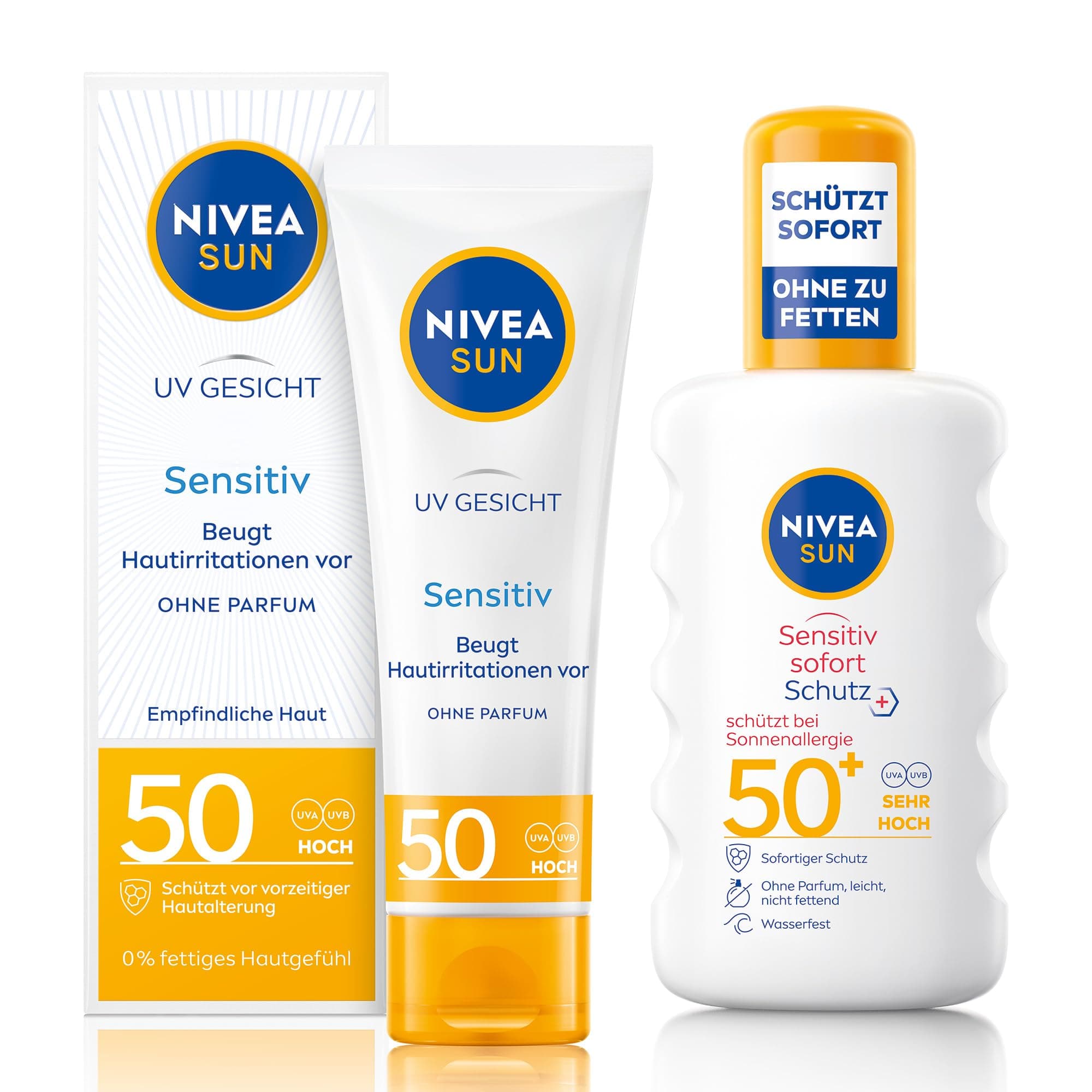 NIVEA SUN Sensitiv Set mit Sonnenschutz für das Gesicht & Spray mit LSF 50, parfümfreie Gesichtscreme beruhigt Hautirritationen, wasserfestes Sonnenspray für empfindliche Haut