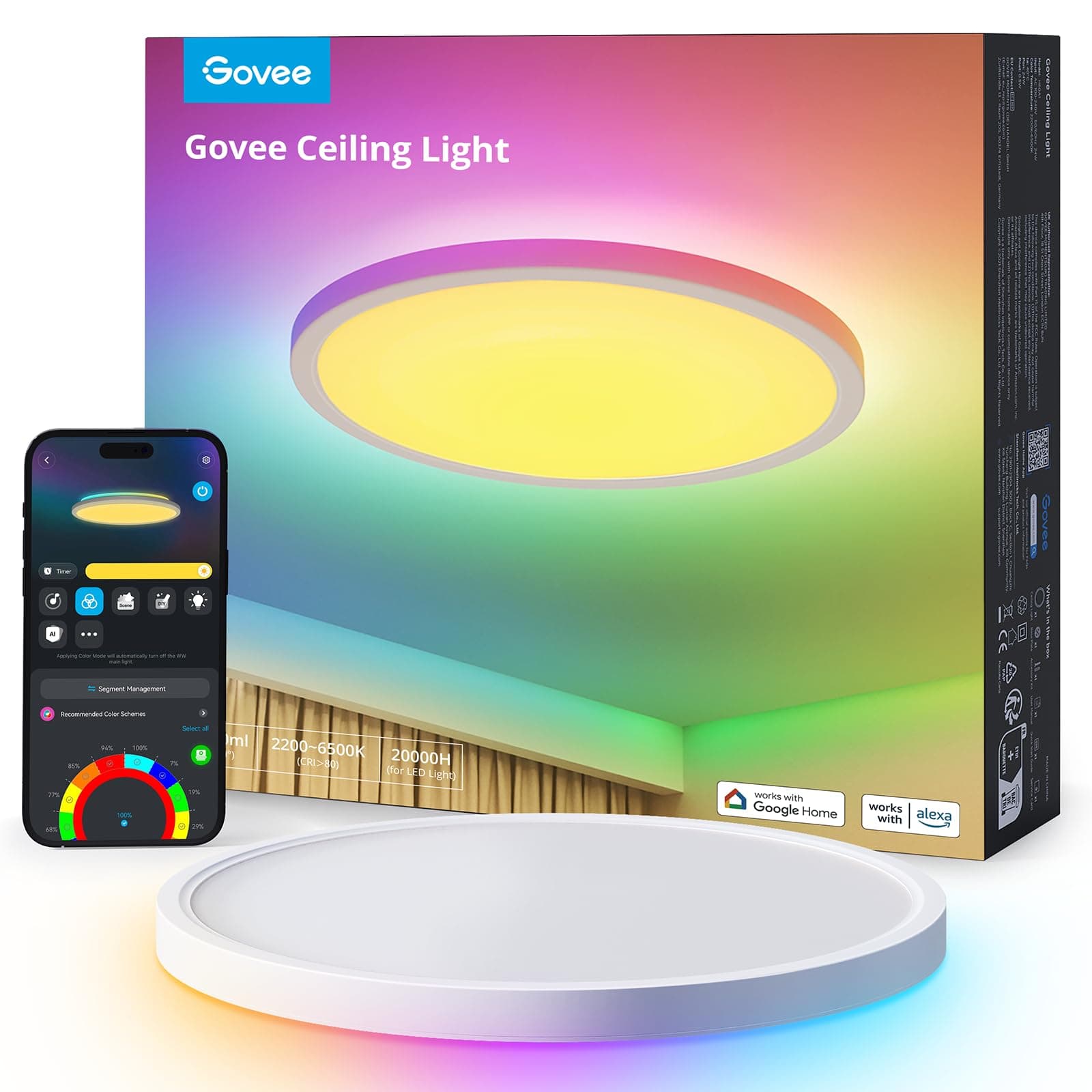 Govee RGBIC LED Plafón,30cm Lámpara Techo Inteligente 24W, Plafon Led Techo 2400LM con 16 Millones de Colores DIY, Trabajar con Alexa, Google Assistant, Luz Interior para Dormitorio, Salón, Cocina