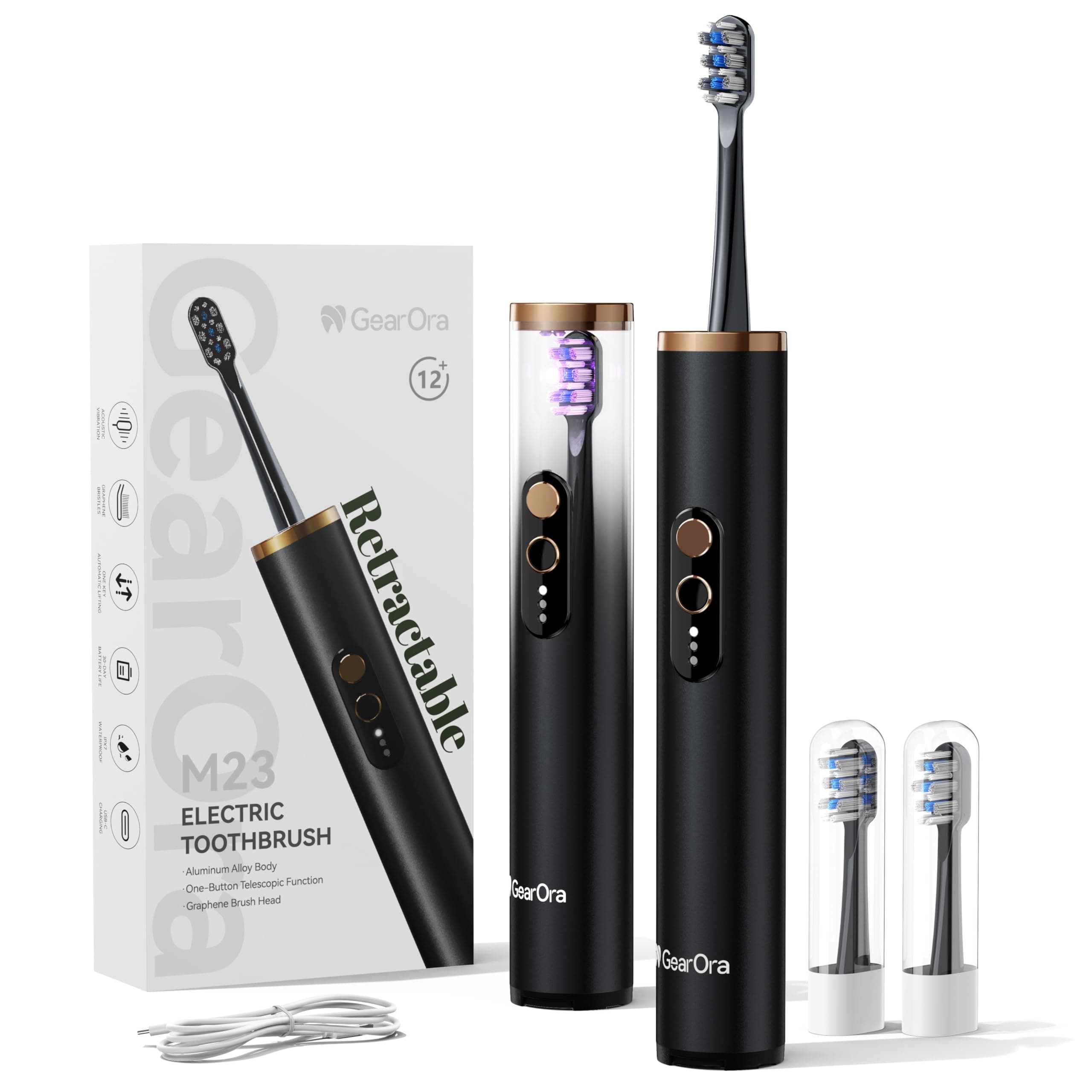 GearOra M23 Brosse à Dents Électrique de Voyage Rétractable avec Stérilisateur UV, Brosse Sonique Adulte, 30 Jours d'Autonomie, Aluminium, 130g Ultra-Léger, 3 Modes, USB-C, IPX7, Noir