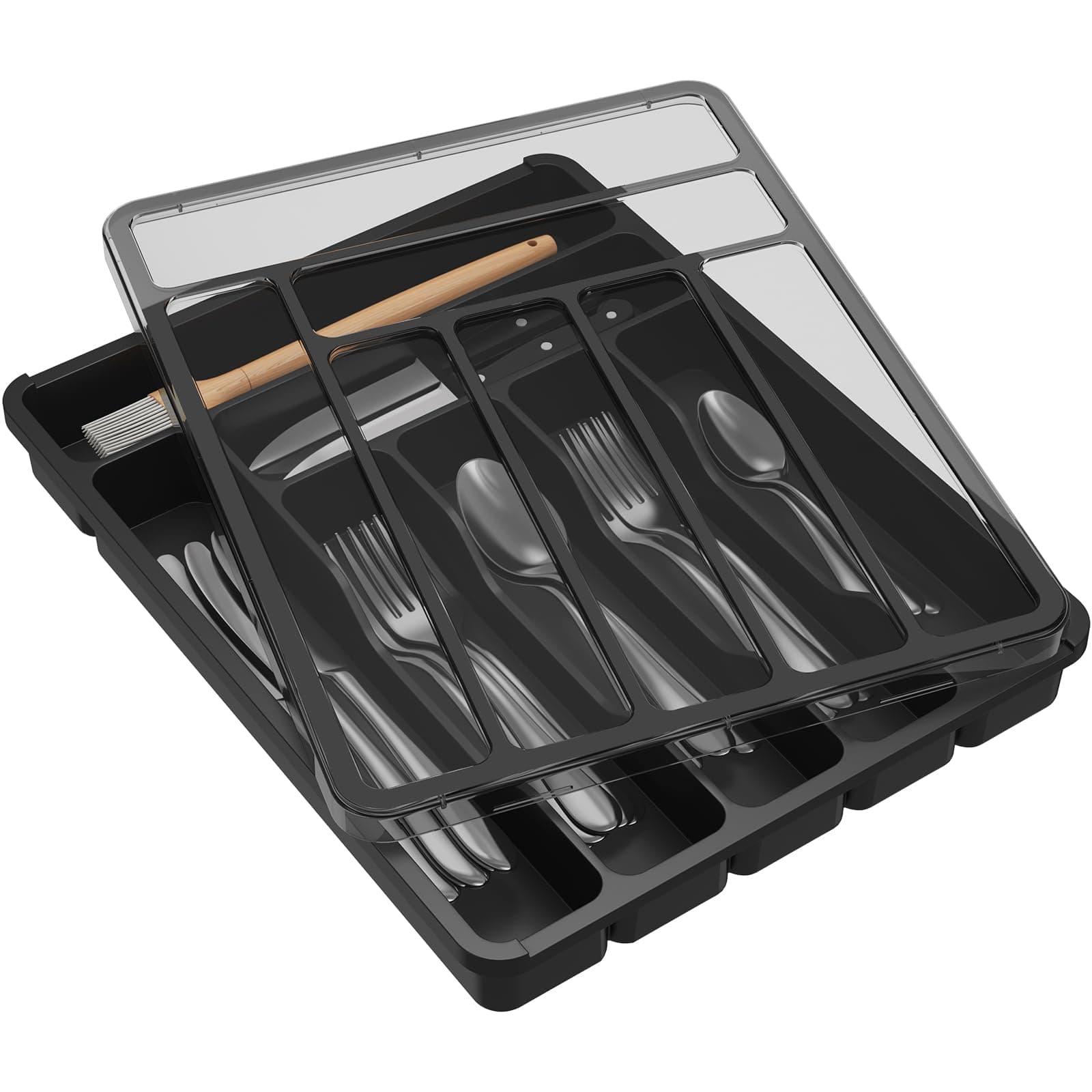 Lifewit Besteckkasten mit Deckel, Besteckaufbewahrung für Küchenschublade und Arbeitsplatte, Besteckkasten aus Kunststoff für Löffel, Gabeln, Messer, Einsatz, 7 Fächer, 36,6 x 29 cm, Schwarz