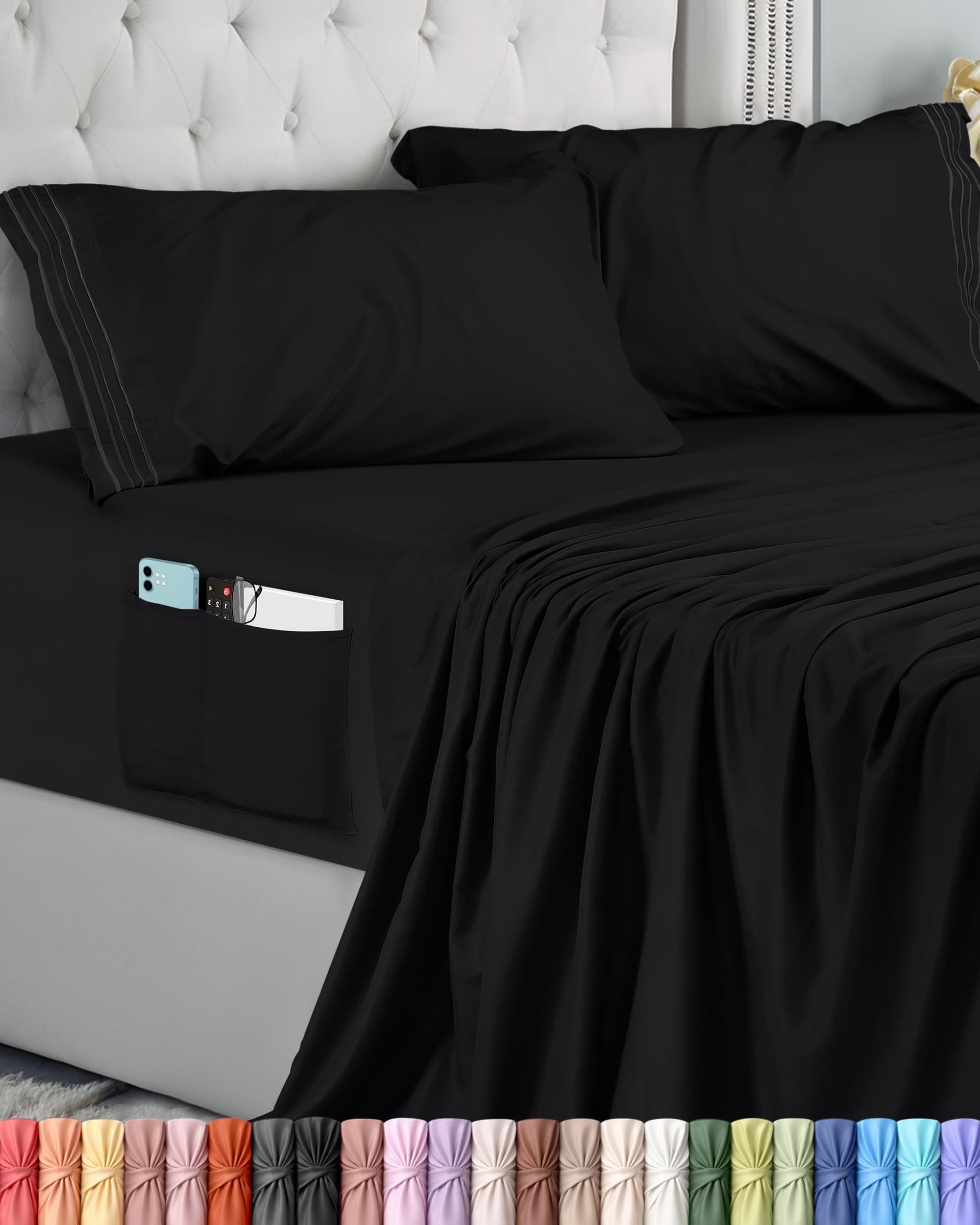 Utopia Bedding Juego de Sabanas 4 Piezas 150x200 - Microfibra De Poliéster, Sábana Bajera con Bolsillos de Almacenamiento, Sábana Plana Y 2 Fundas De Almohada Bordadas (Cama 150, Negro)