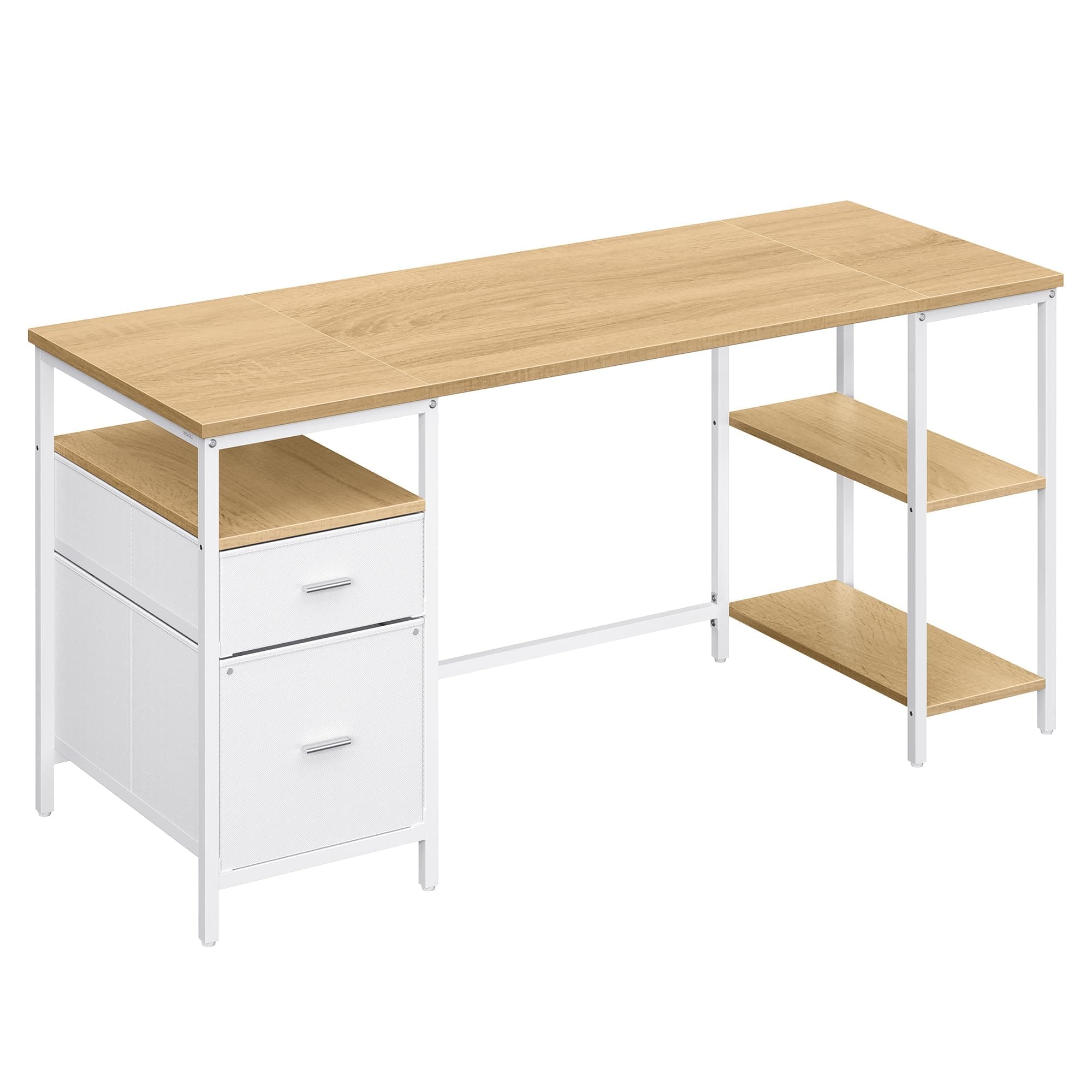 VASAGLE Mesa de Ordenador, Mesa de Oficina, con 3 Estantes, 2 Cajones, 160 x 60 x 76 cm, para Oficina, Salón, Estilo Moderno, Roble Natural y Blanco Nube LWD105YD01