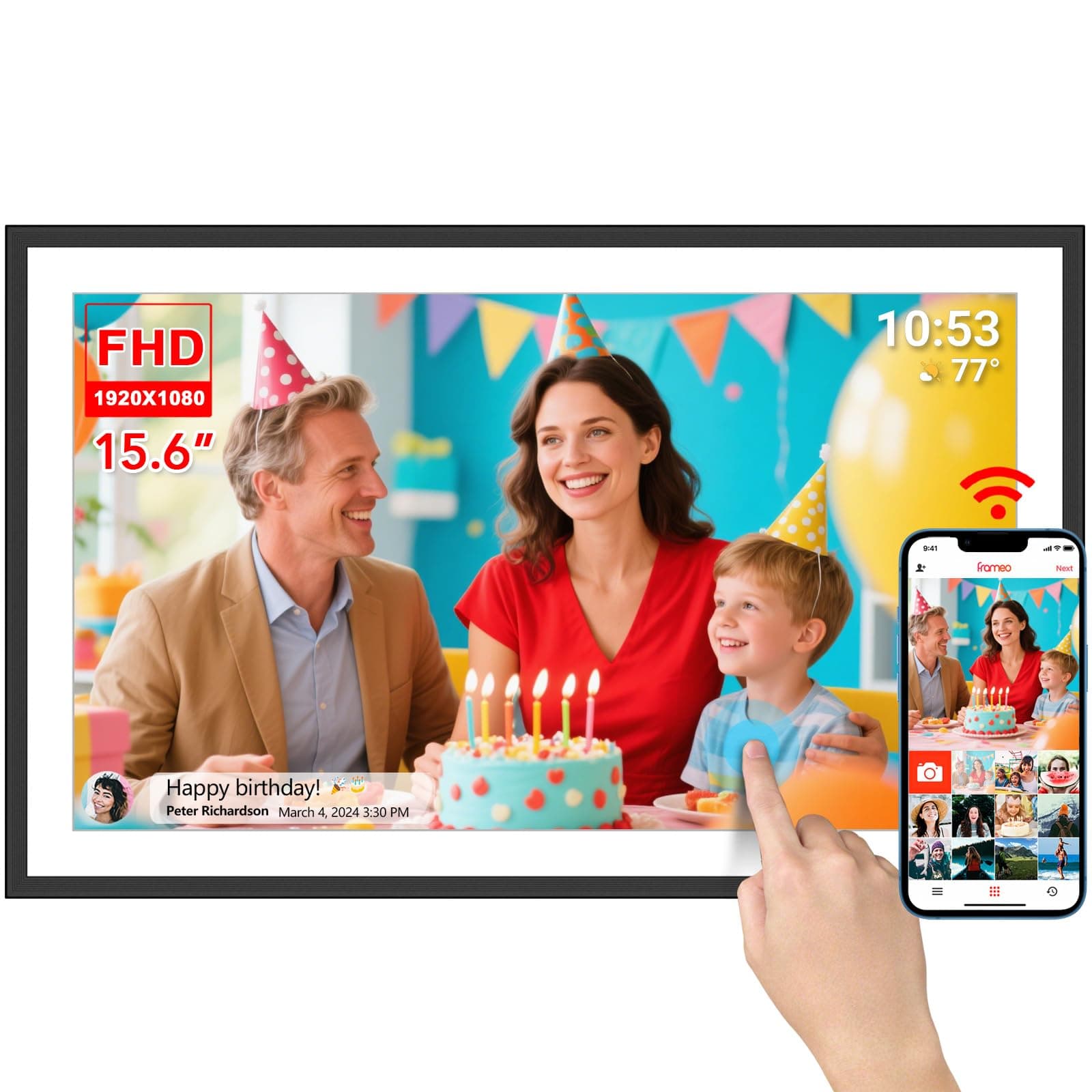 Frameo - Marco de fotos digital de 15,6 pulgadas, extragrande, WiFi, marco de fotos digital con pantalla táctil IPS de 32 GB, 1920 x 1080 IPS, pantalla táctil HD y montaje en pared, compartir fotos y