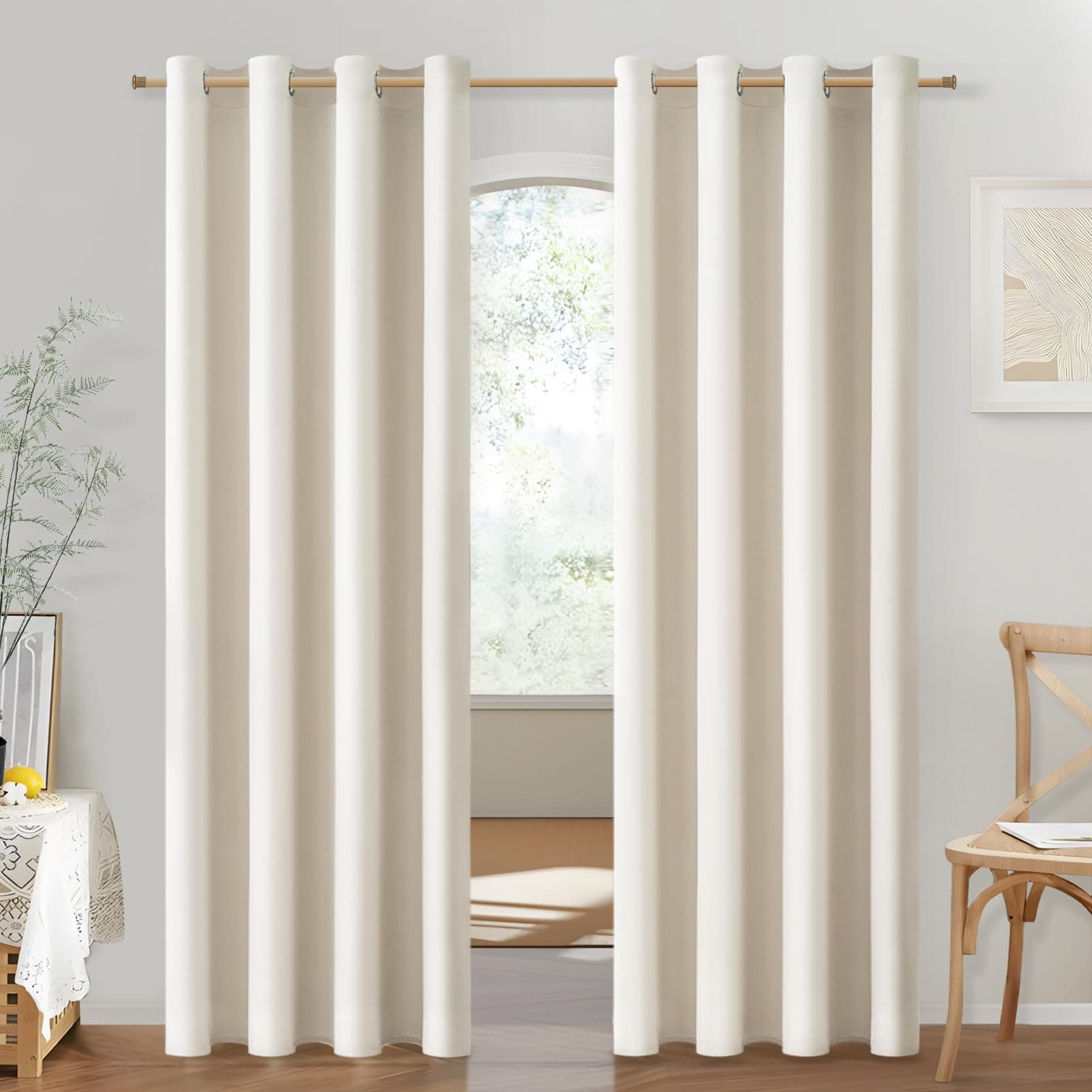 MRTREES Rideau Salon Moderne Lot de 2 Semi Occultant-Rideau Thermique Isolant Anti Froid et Chaleur pour Chambre Fenetre Porte Panneaux de Rideaux Intérieurs à Oeillets, Beige Clair, 140x220 cm