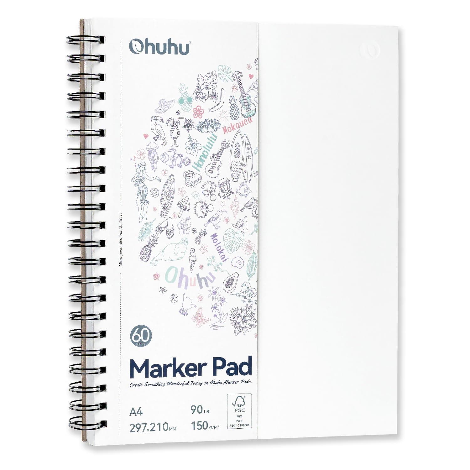 Ohuhu A4 Skizzenbuch Doppelseitig Durchschlagfest - 120 Seiten (60 Blatt) 150 g/m² Papier Säurefrei - ohne Durchdrücken, Spiralbindung für Alkoholmarker & Aquarell, Ideal für Illustration & Porträt