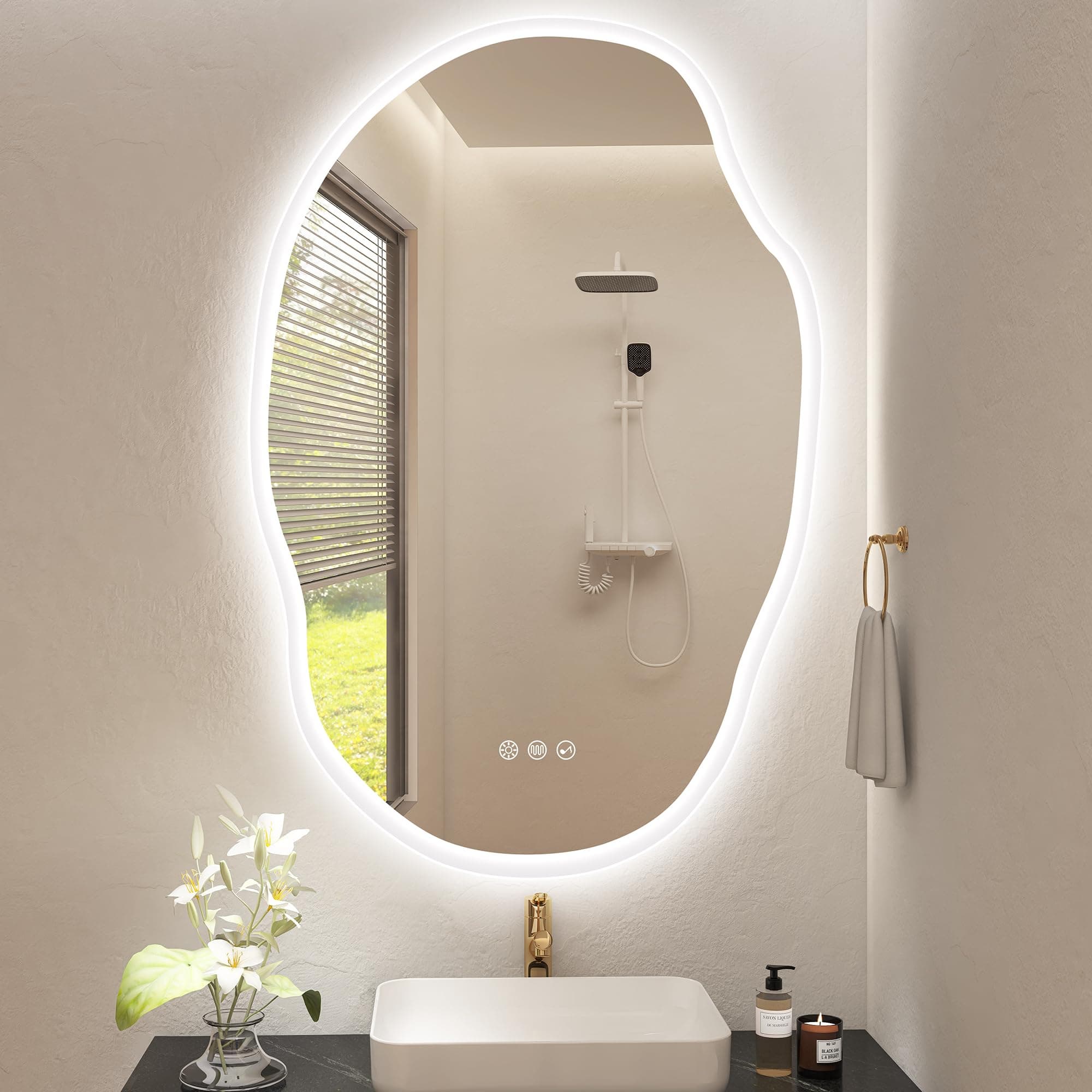 S'bagno Irregular Espejo Baño con Luz 60x90cm, Bluetooth Espejo Baño Led, Antivaho, 3000K-6500K, Regulable, Memoria, Cristal Templado HD, IP44, Horizontal o Vertical