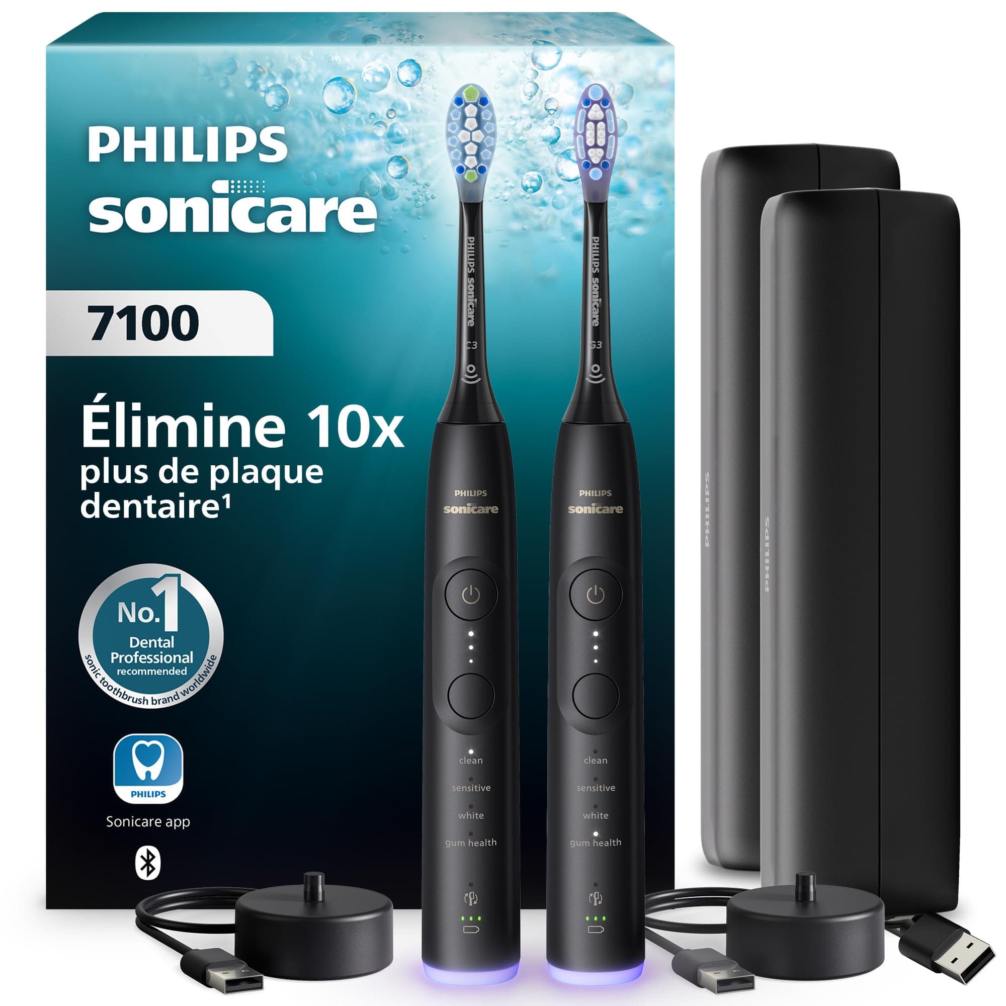 Philips Sonicare 7100 - Brosse à dents électrique sonique avec application, 4 modes de brossage et 3 niveaux d'intensité, Alerte de pression, EasyStart, SmarTimer et BrushPacer, Pack de 2, HX7429/03