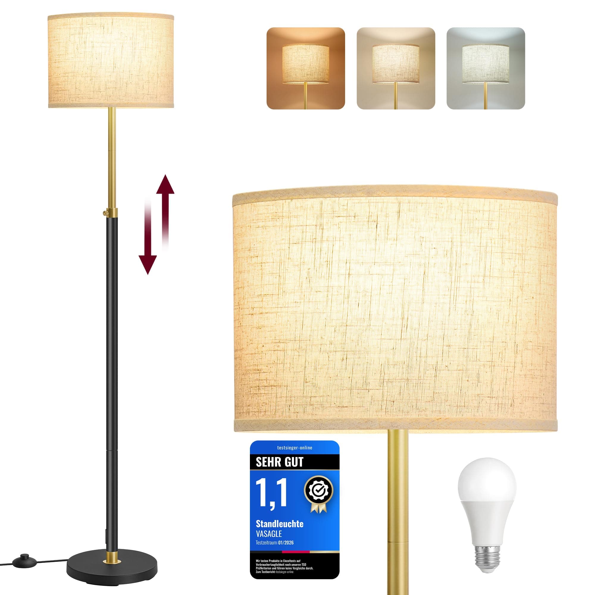 VASAGLE Stehleuchte, Standleuchte, Stehlampe, höhenverstellbare Leselampe, 140-170 cm hoch, modern, mit Fußtaster, Lampenschirm aus Stoff, E27 Fassung, gold-schwarz LFL002B02
