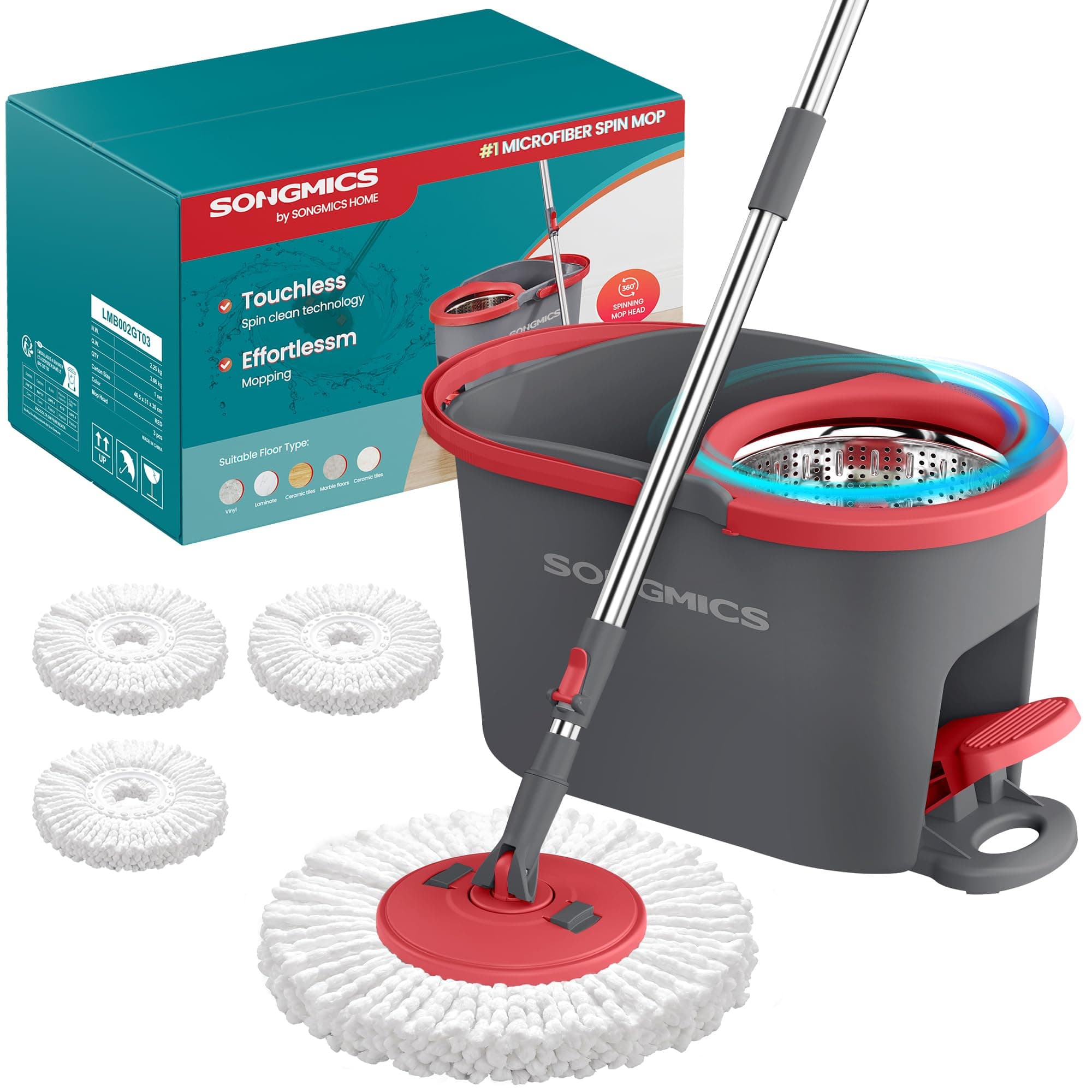 SONGMICS Mocio Lavapavimenti con Secchio a Pedale, 3 Panni in Microfibra | Mop, Strizzatore Rotante, Manico Telescopico da 122,5 a 150 cm, Testina Girevole a 360°, Collezione CLEMAX LMB002GT03